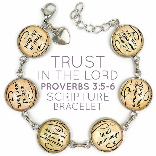 Trust in the Lord Scripture Charm Bracelet - Proverbs 3:5-6, Glass Charms, Stainless Steel - Bracelets - Bijou Her - Dangling Charm -  - 