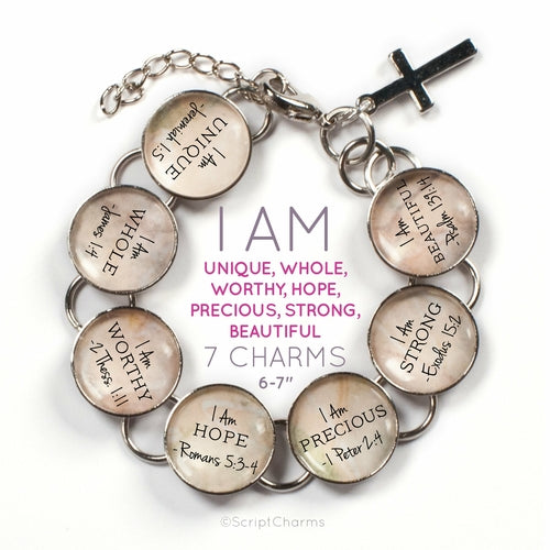 I AM Strong, Unique, Beautiful, Worthy, Loved, Enough – Christian - Bracelets - Bijou Her - Color - Dangling Charm - 