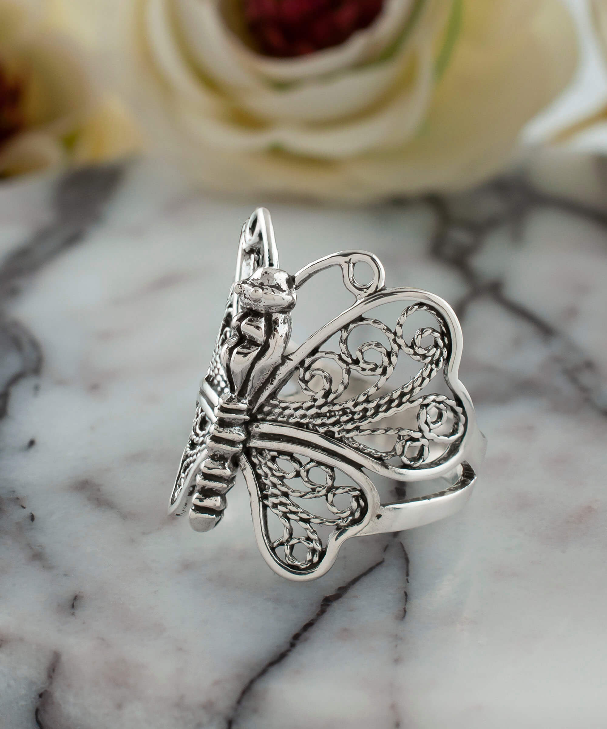 Sterling Silver Filigree Art Butterfly Cocktail Ring - Women's Statement Jewelry - Jewelry & Watches - Bijou Her -  -  - 