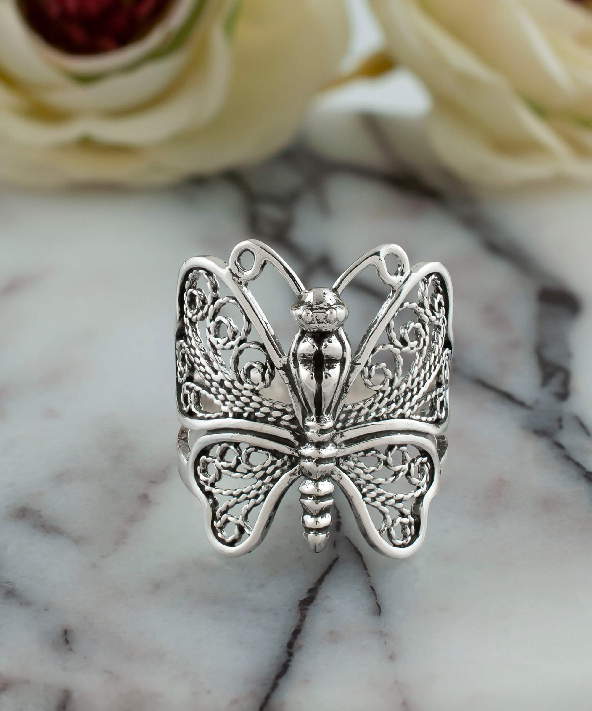 Sterling Silver Filigree Art Butterfly Cocktail Ring - Women's Statement Jewelry - Jewelry & Watches - Bijou Her -  -  - 