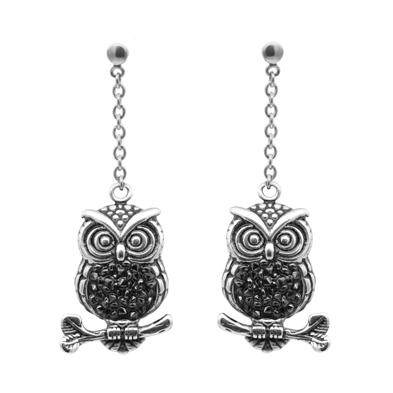 Stainless Steel Owl Earrings with Black CZ Stones - Perfect for Nighttime - Jewelry & Watches - Bijou Her -  -  - 