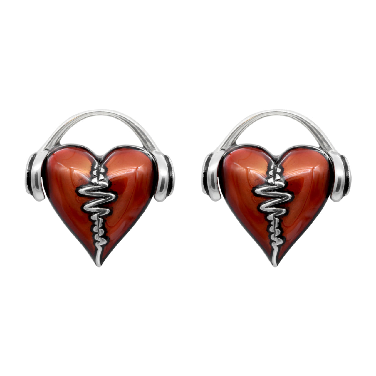 Stainless Steel Heartbeat Earrings with Red Epoxy and Headphones - Jewelry & Watches - Bijou Her -  -  - 