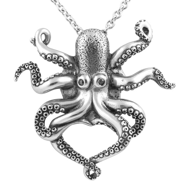 Mystical Octopus Pendant Necklace with Black CZ Eyes - Stainless Steel, 18" Chain, 2.25" x 2" Pendant Size - Jewelry & Watches - Bijou Her -  -  - 