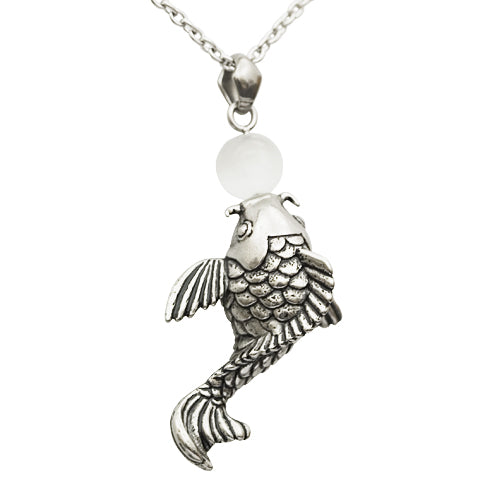 Stainless Steel Koi Fish Necklace with White Cat Eye Pendant - Jewelry & Watches - Bijou Her -  -  - 