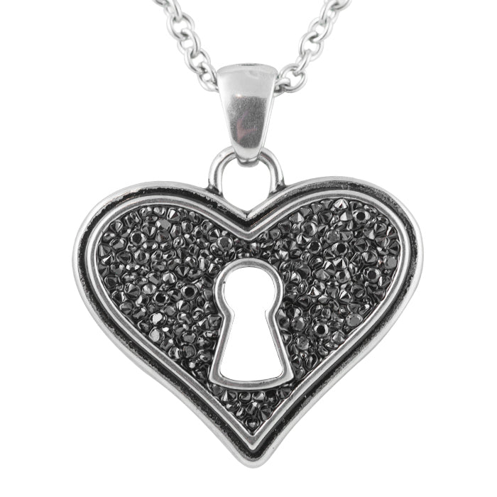 Stainless Steel Bejeweled Heart Pendant Necklace - Ornamental Design with Black CZs and Keyhole - 16" Chain - Fashion Accessory - Jewelry & Watches - Bijou Her -  -  - 