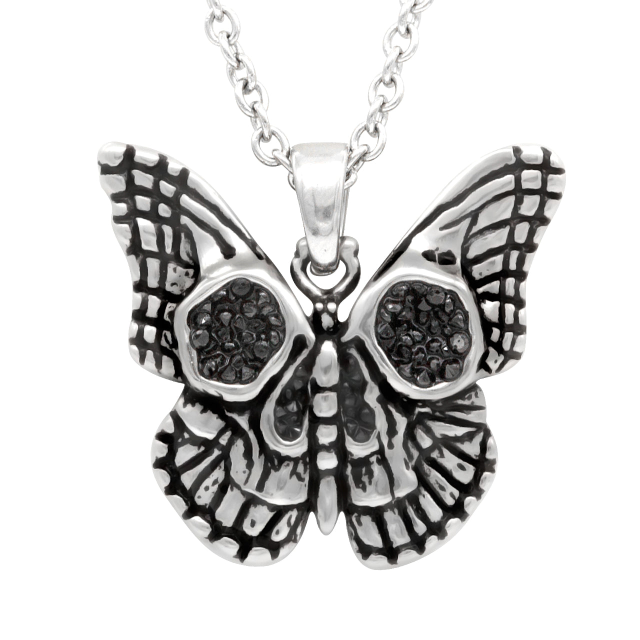 Morbid Monarch Butterfly Skull Necklace - Stainless Steel Pendant with Black Cubic Zirconia Stones and Chain - Jewelry & Watches - Bijou Her -  -  - 