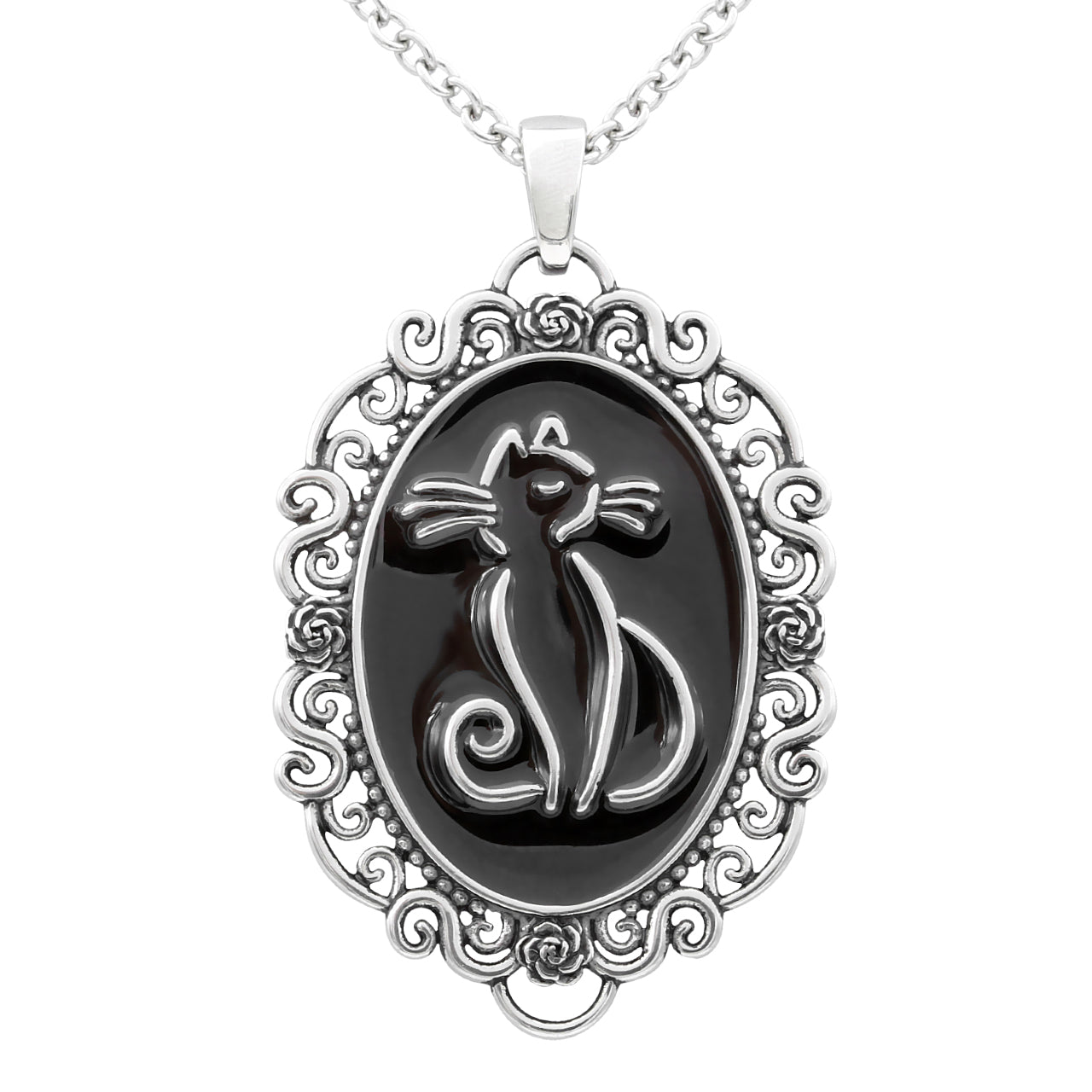 Stainless Steel Cat Cameo Pendant Necklace - Antique Style Portrait Pendant with Adjustable Chain - Jewelry & Watches - Bijou Her -  -  - 