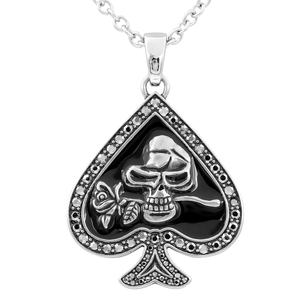 Rebel Skull and Rose Spade Necklace - Stainless Steel Pendant with Hematite Crystals and Adjustable Chain - Jewelry & Watches - Bijou Her -  -  - 