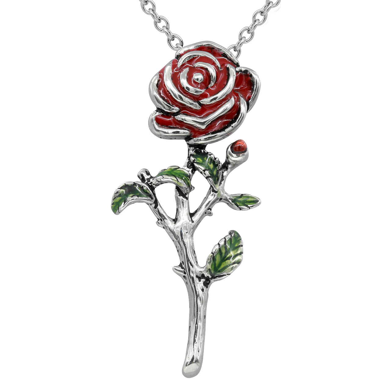 Stainless Steel Rose Necklace - Red and Green Epoxy Pendant on Adjustable Chain - Jewelry & Watches - Bijou Her -  -  - 