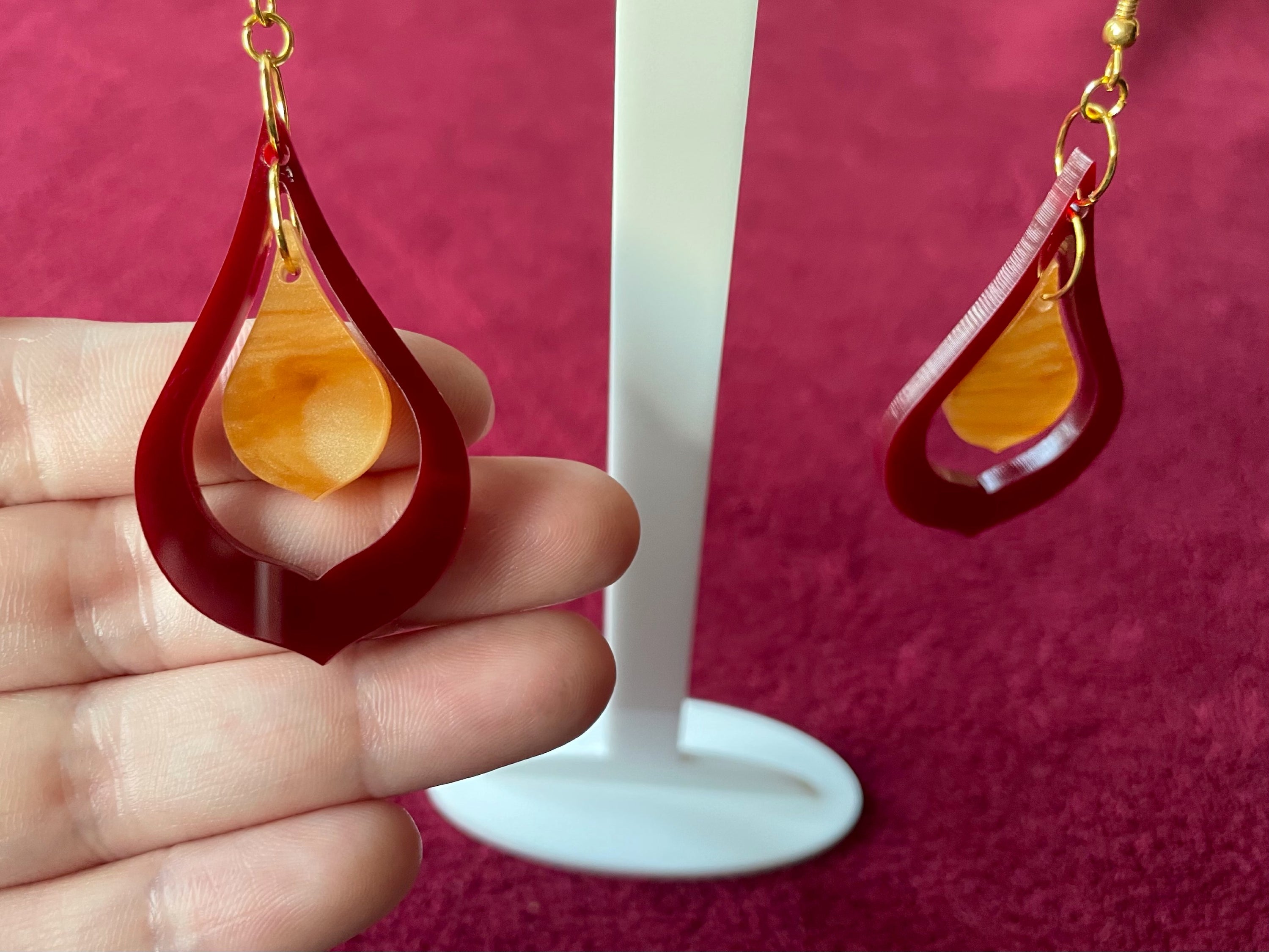 Maroon and Caramel Sophia Earrings - Laser Cut Acrylic Dangles, 7.5cm Height, 1960s and 70s Inspired - Jewelry & Watches - Bijou Her -  -  - 