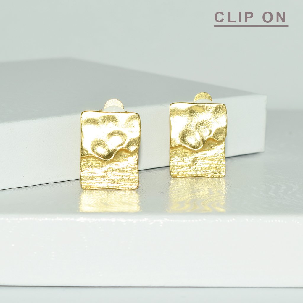 Rectangular Dual Texture Clip-On Earrings - Elegant and Lightweight, 0.75" Length, Plated with 24kt Gold/Silver/Rose Gold - Earrings - Bijou Her -  -  - 