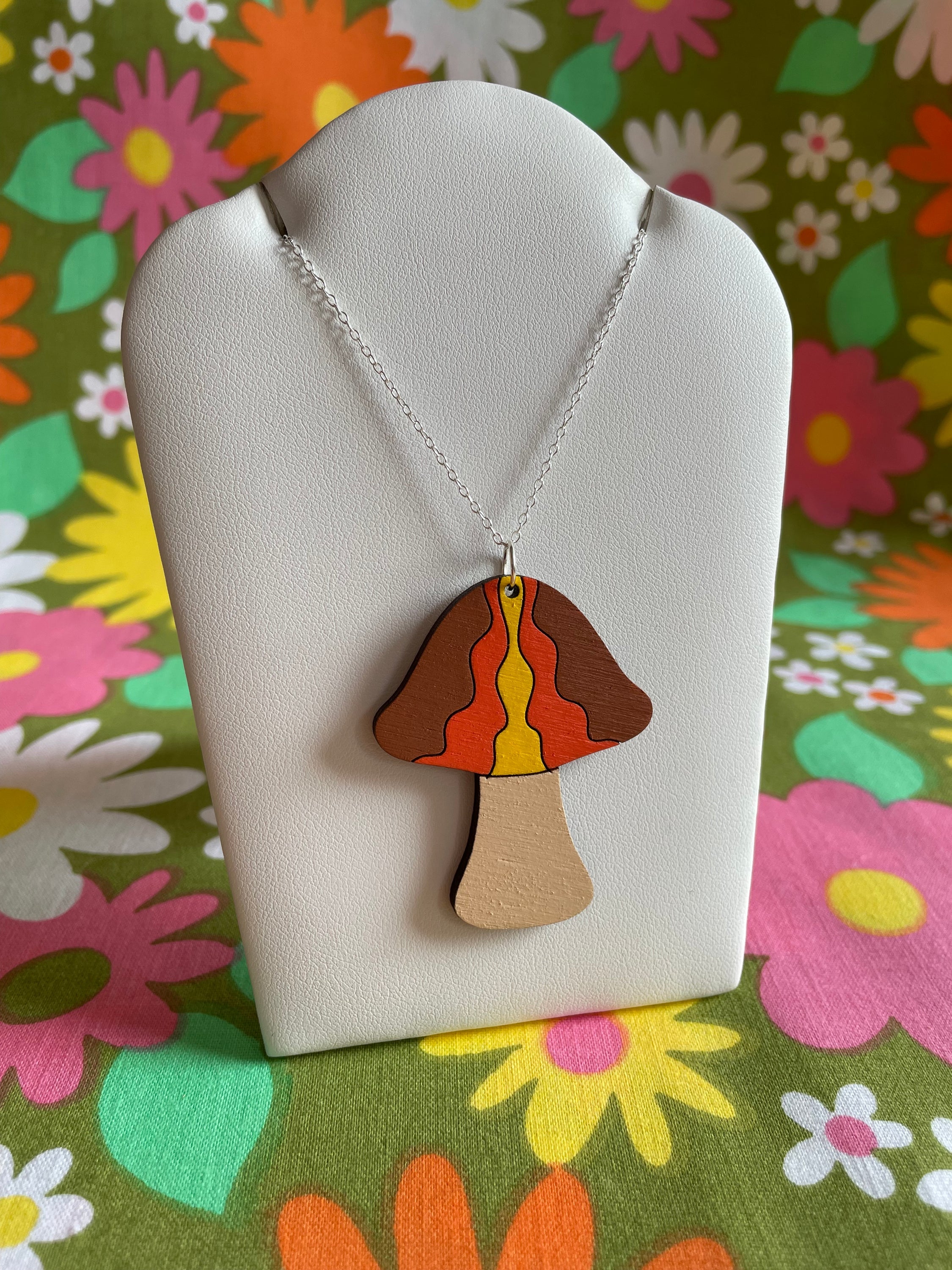 Wooden Mushroom Necklace with Waves Design - Sustainable Birch Plywood, Sterling Silver Chains, Multiple Lengths Available - Jewelry & Watches - Bijou Her -  -  - 