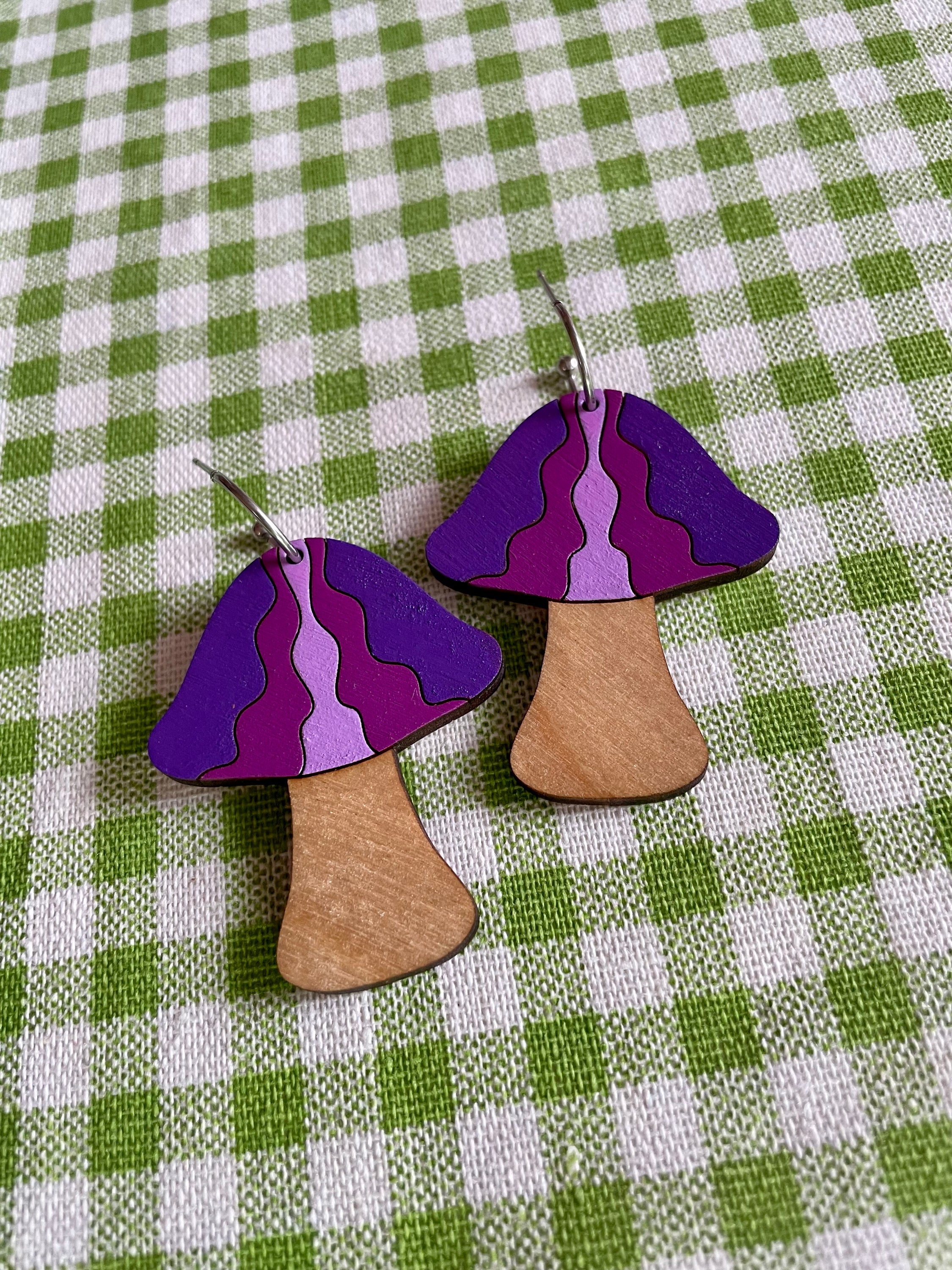 Wooden Mushroom Earrings: Waves - Sustainable Birch Plywood, 3 Sizes, Nickel-Free Findings - Jewelry & Watches - Bijou Her -  -  - 