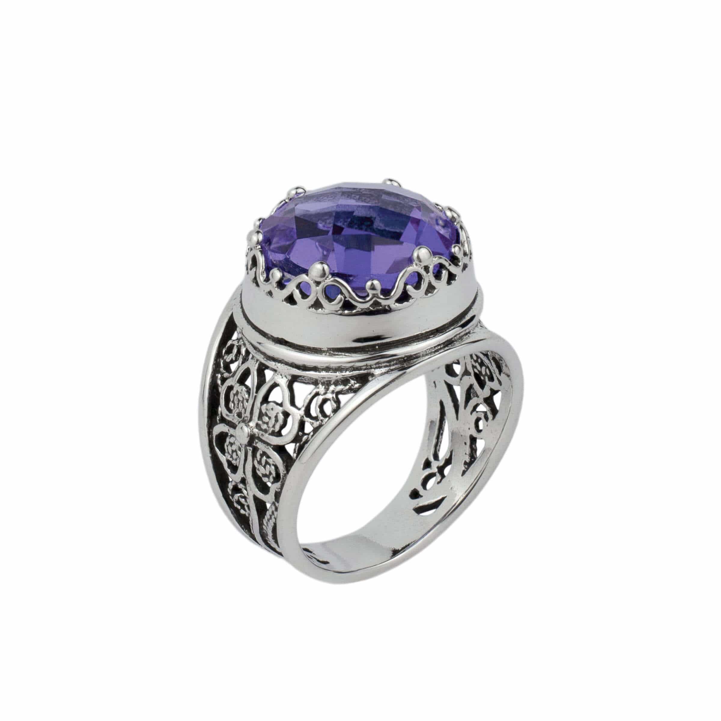 Sterling Silver Amethyst Filigree Crown Ring - February Birthstone Jewelry - Jewelry & Watches - Bijou Her -  -  - 