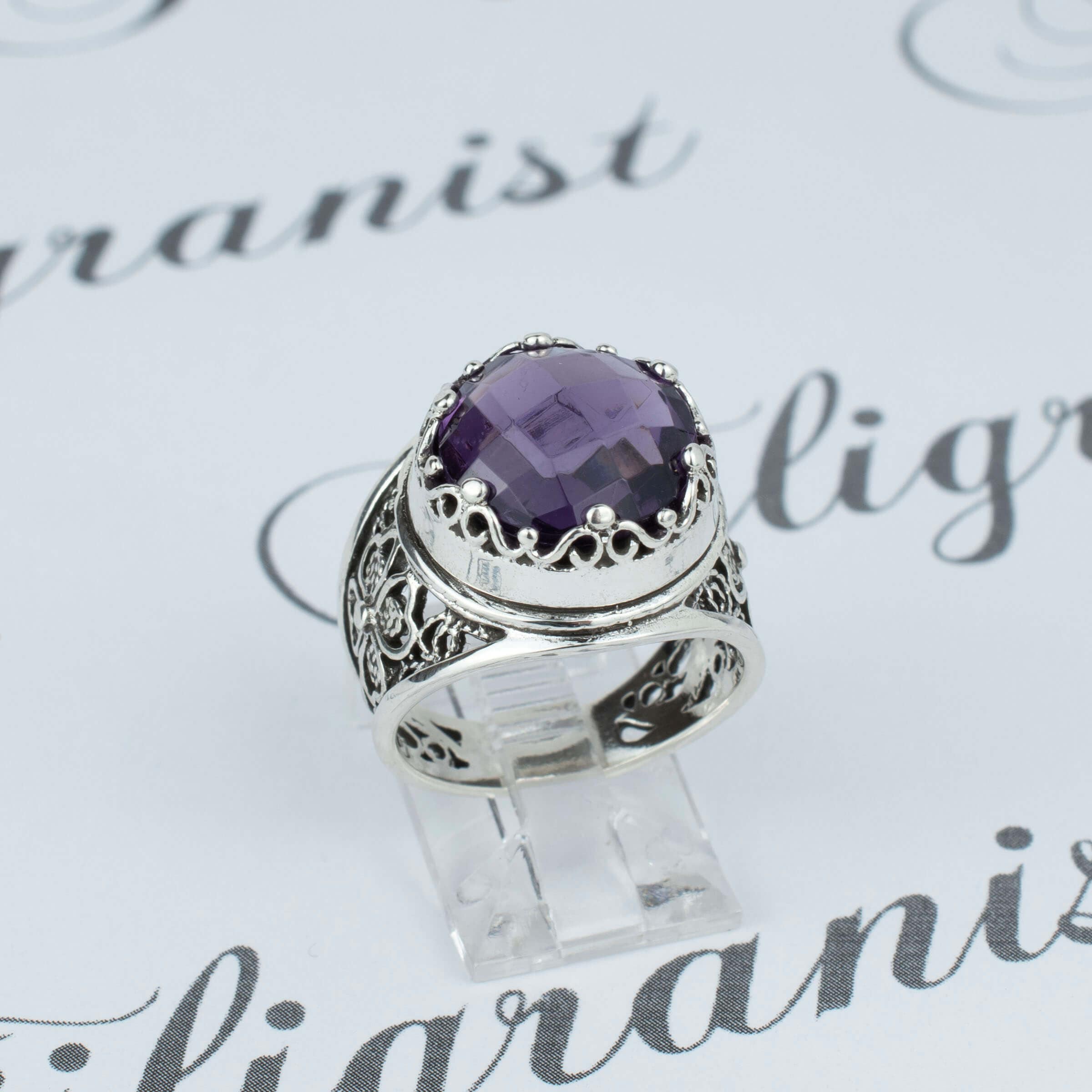 Sterling Silver Amethyst Filigree Crown Ring - February Birthstone Jewelry - Jewelry & Watches - Bijou Her -  -  - 