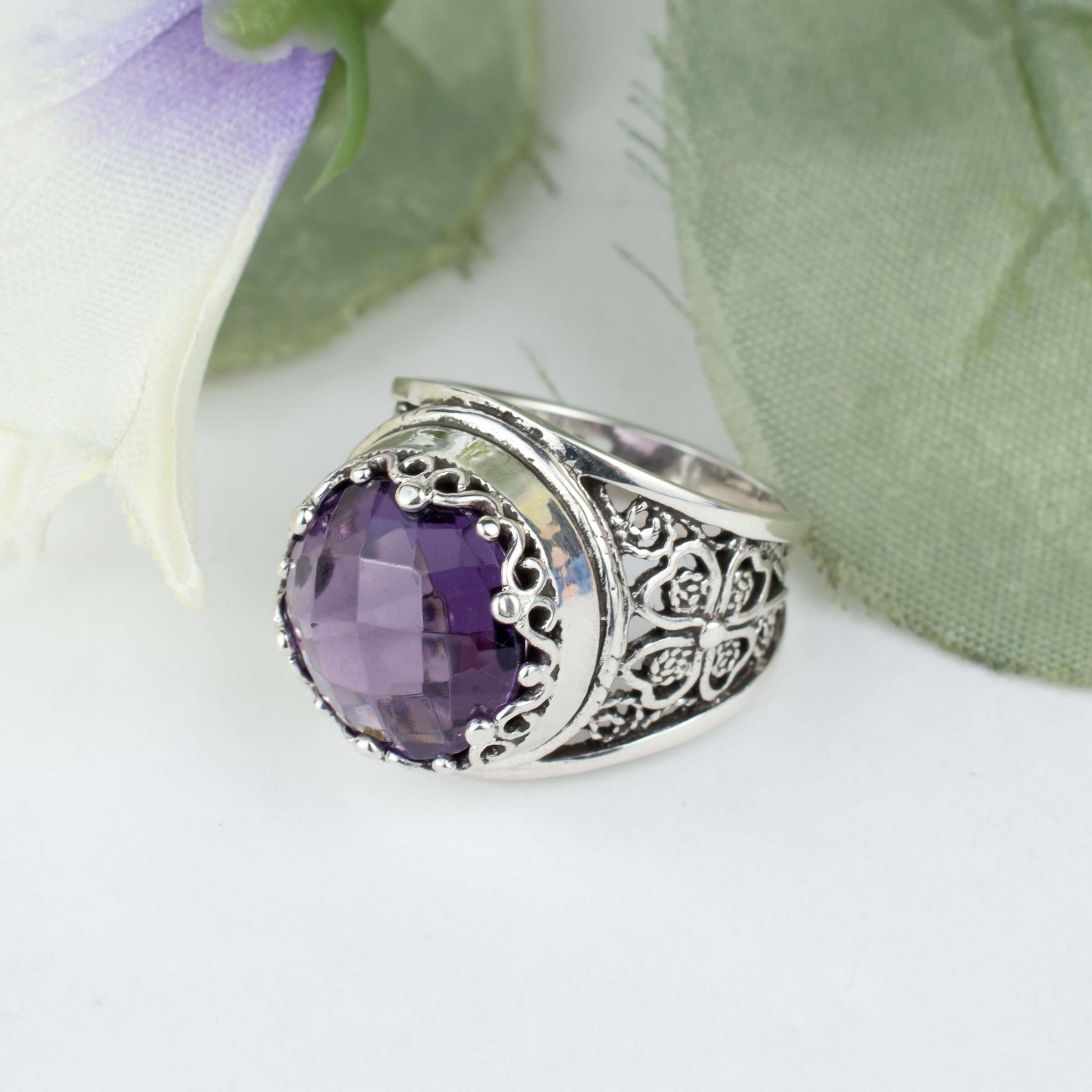 Sterling Silver Amethyst Filigree Crown Ring - February Birthstone Jewelry - Jewelry & Watches - Bijou Her -  -  - 