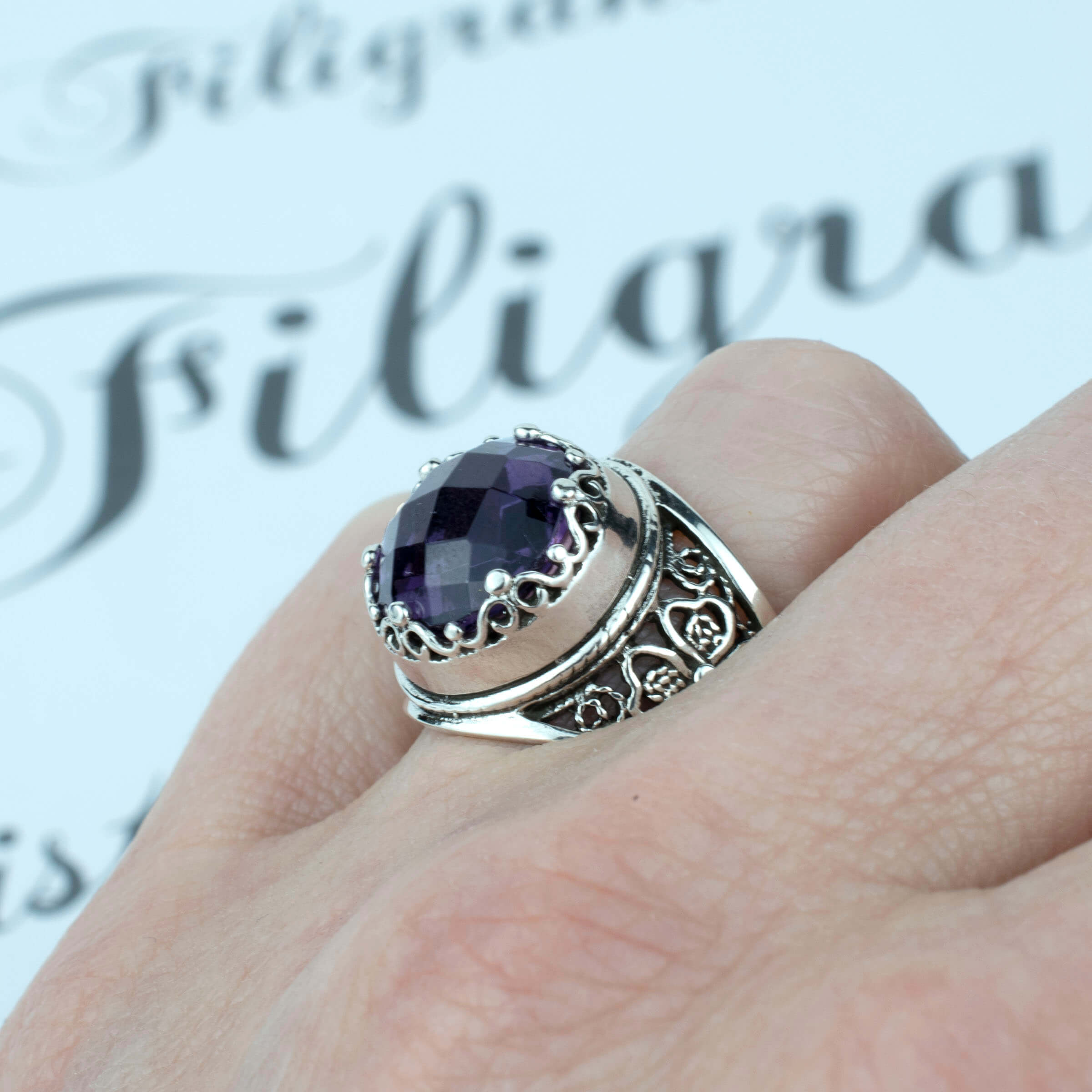 Sterling Silver Amethyst Filigree Crown Ring - February Birthstone Jewelry - Jewelry & Watches - Bijou Her -  -  - 