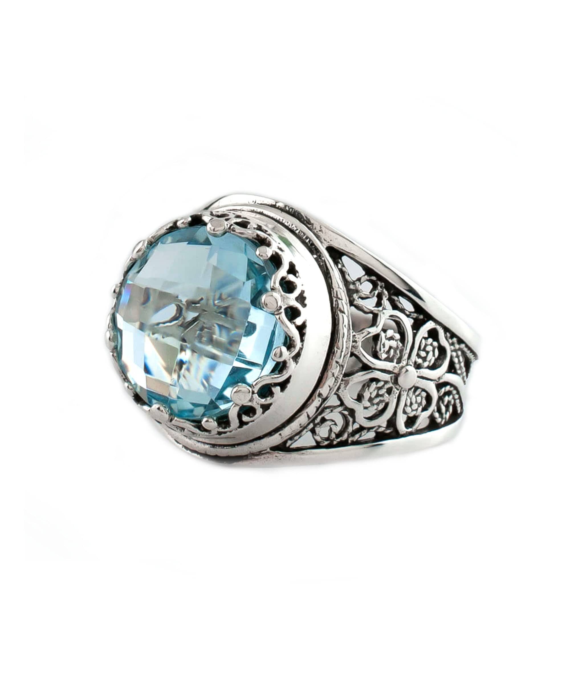 Sterling Silver Blue Topaz Filigree Crown Ring - December Birthstone - Jewelry & Watches - Bijou Her -  -  - 