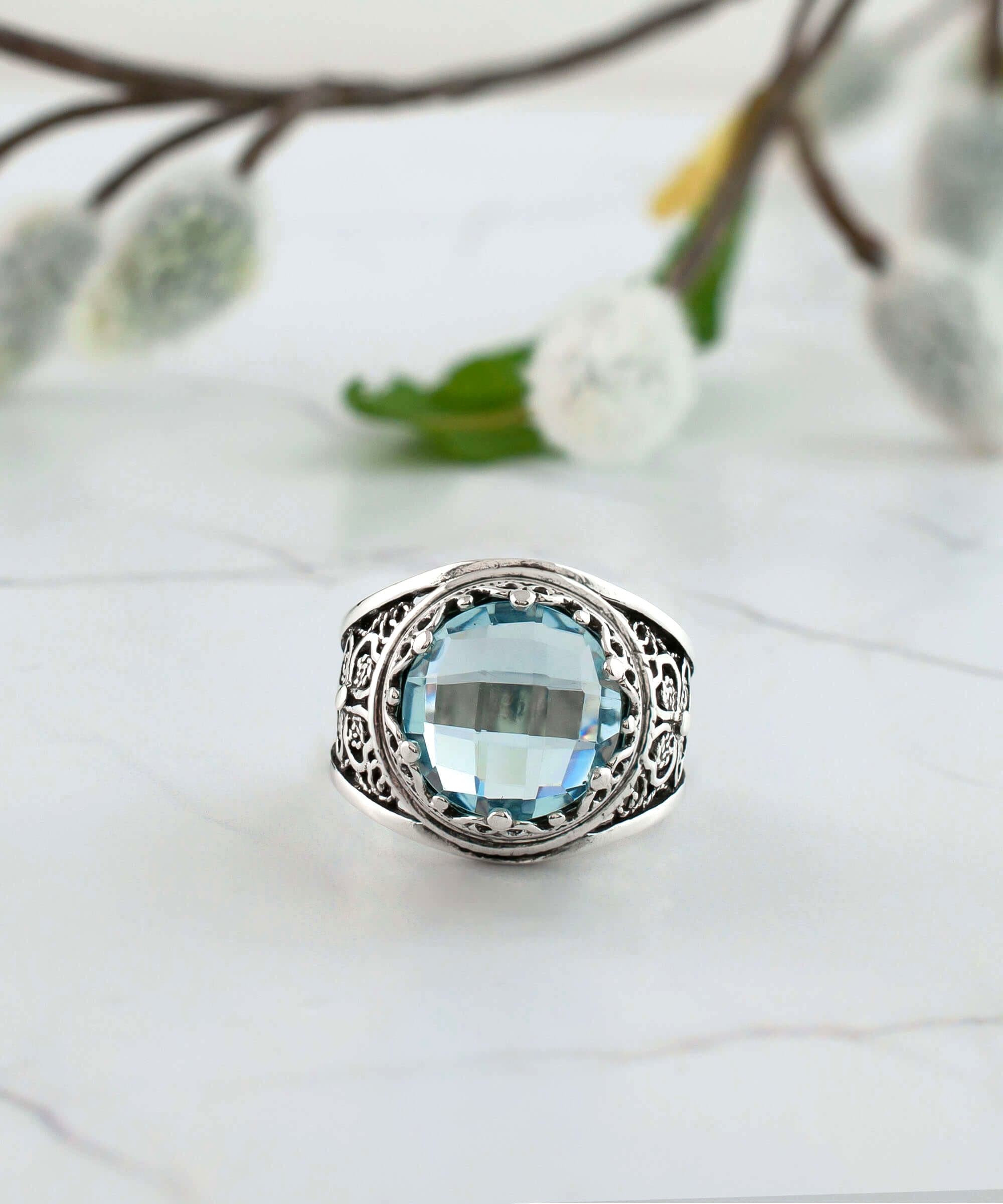 Sterling Silver Blue Topaz Filigree Crown Ring - December Birthstone - Jewelry & Watches - Bijou Her -  -  - 