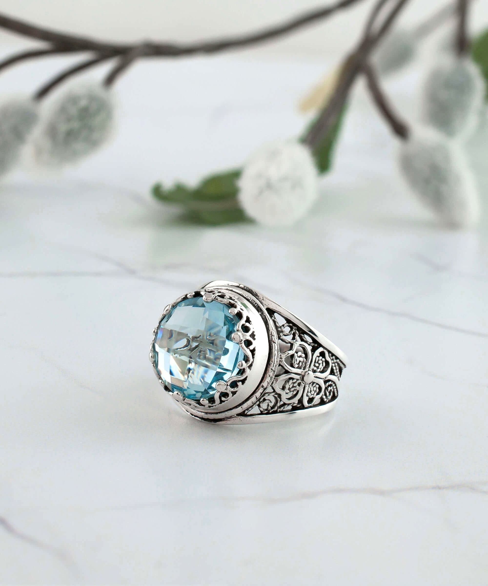 Sterling Silver Blue Topaz Filigree Crown Ring - December Birthstone - Jewelry & Watches - Bijou Her -  -  - 