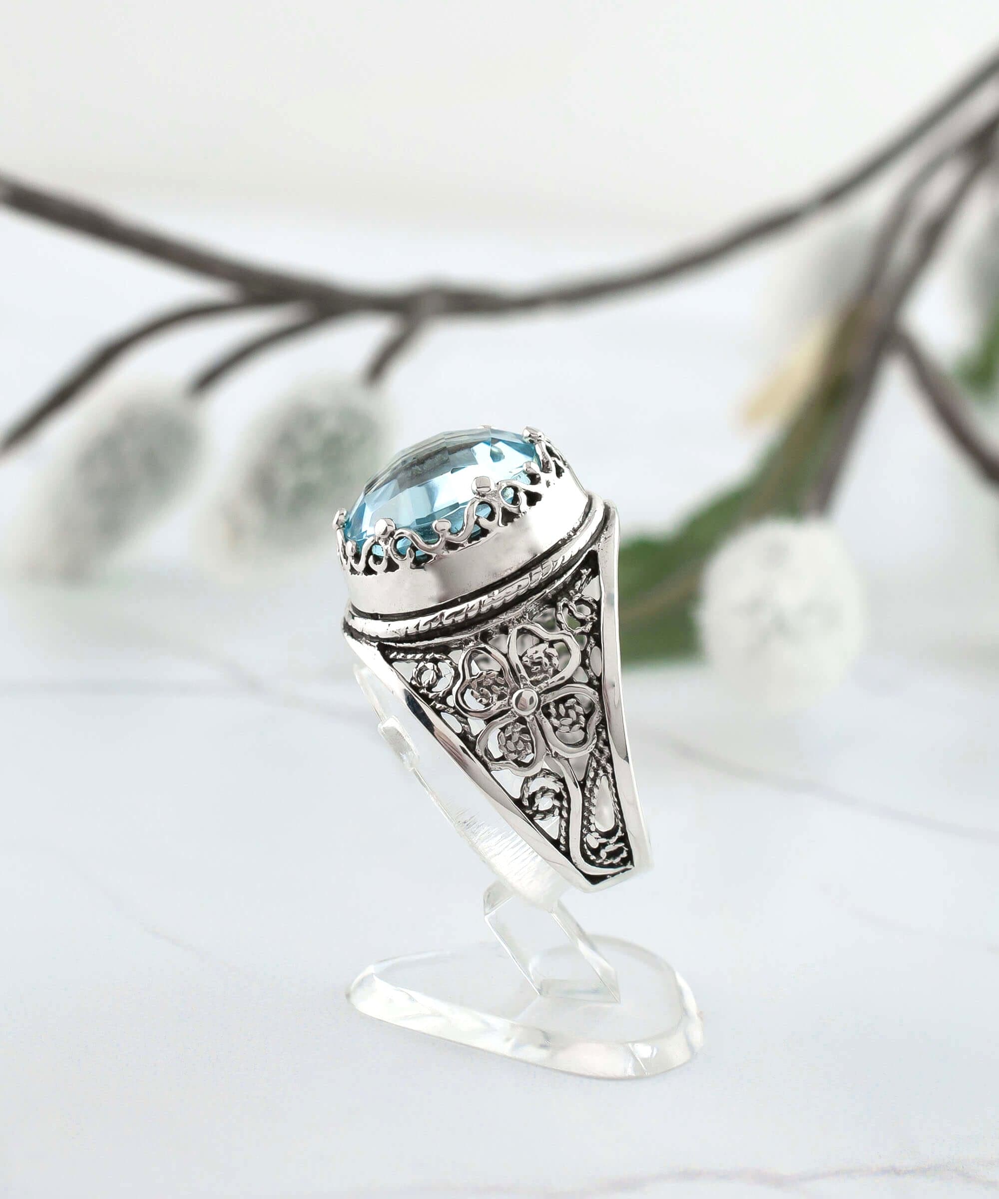 Sterling Silver Blue Topaz Filigree Crown Ring - December Birthstone - Jewelry & Watches - Bijou Her -  -  - 