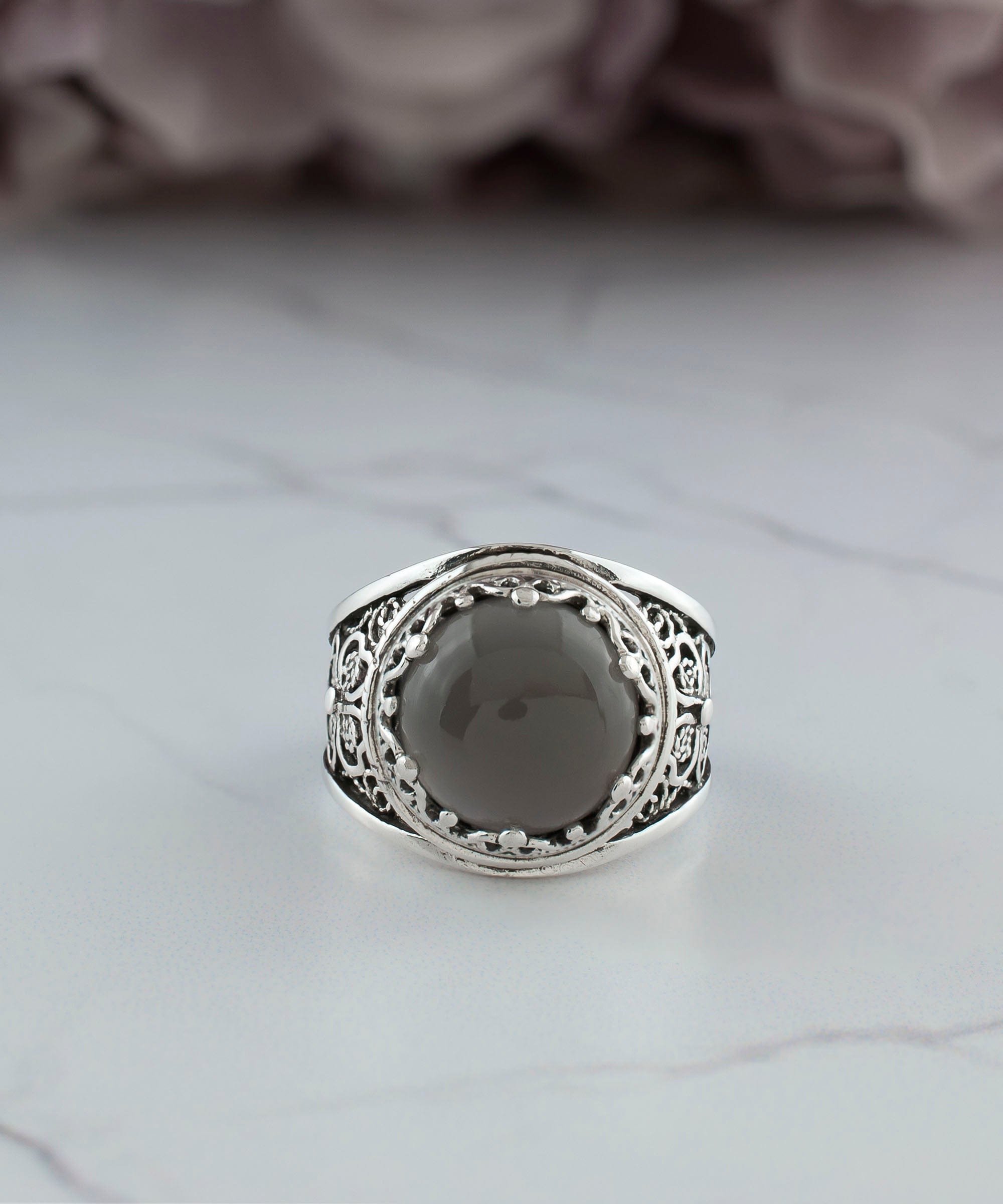 Gray Moonstone Filigree Crown Ring - Natural Gemstone Statement Jewelry - Jewelry & Watches - Bijou Her -  -  - 