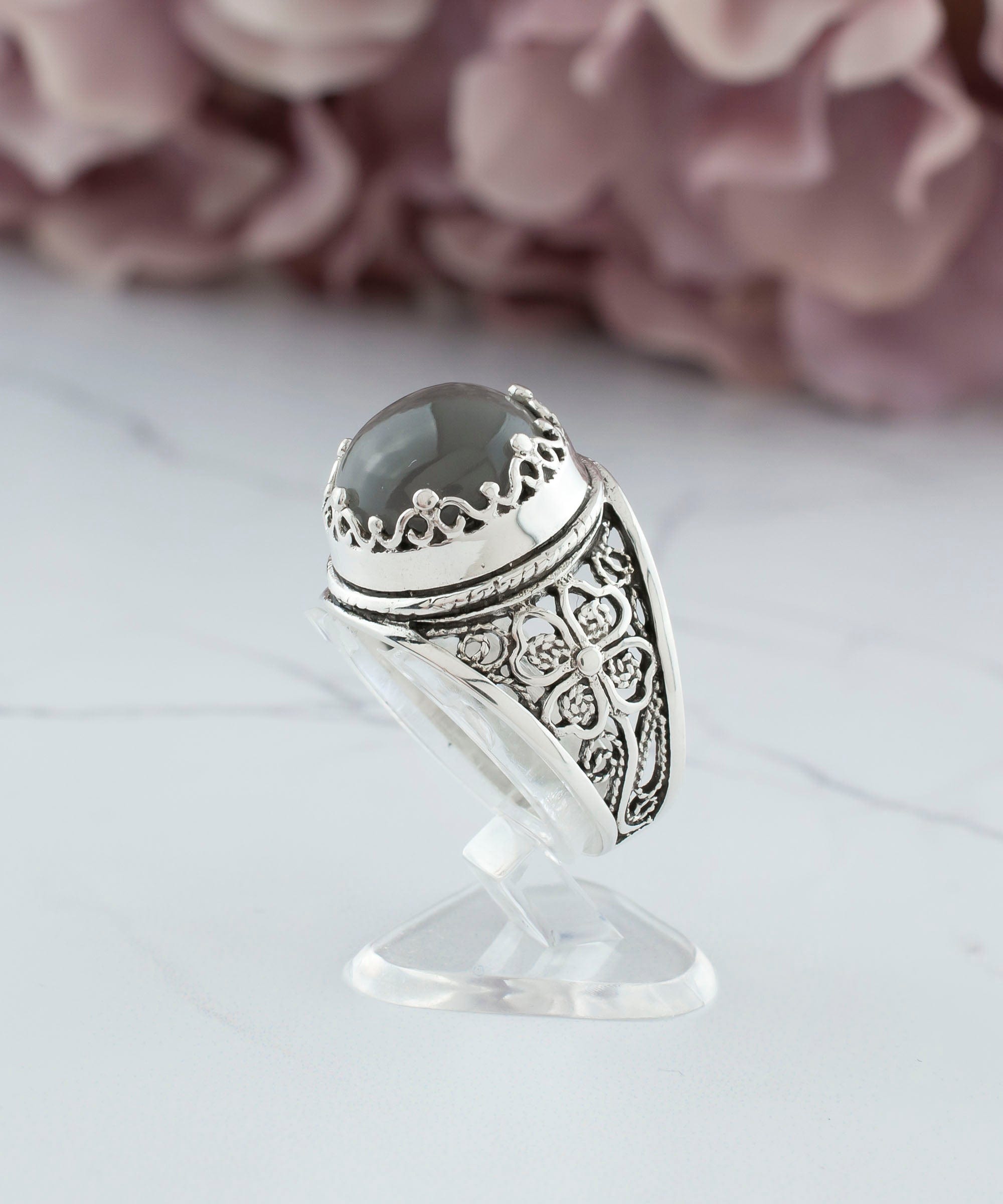 Gray Moonstone Filigree Crown Ring - Natural Gemstone Statement Jewelry - Jewelry & Watches - Bijou Her -  -  - 