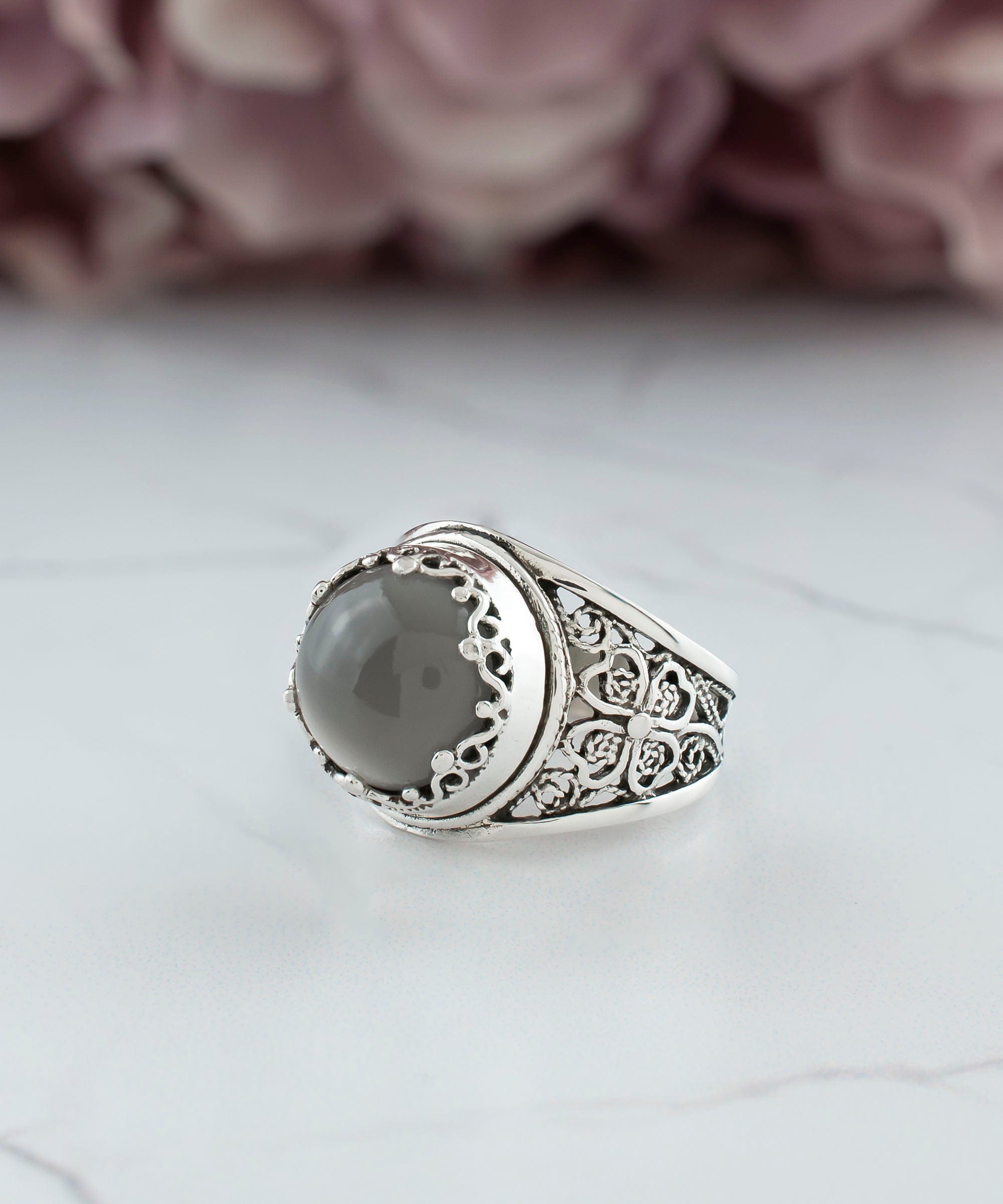 Gray Moonstone Filigree Crown Ring - Natural Gemstone Statement Jewelry - Jewelry & Watches - Bijou Her -  -  - 