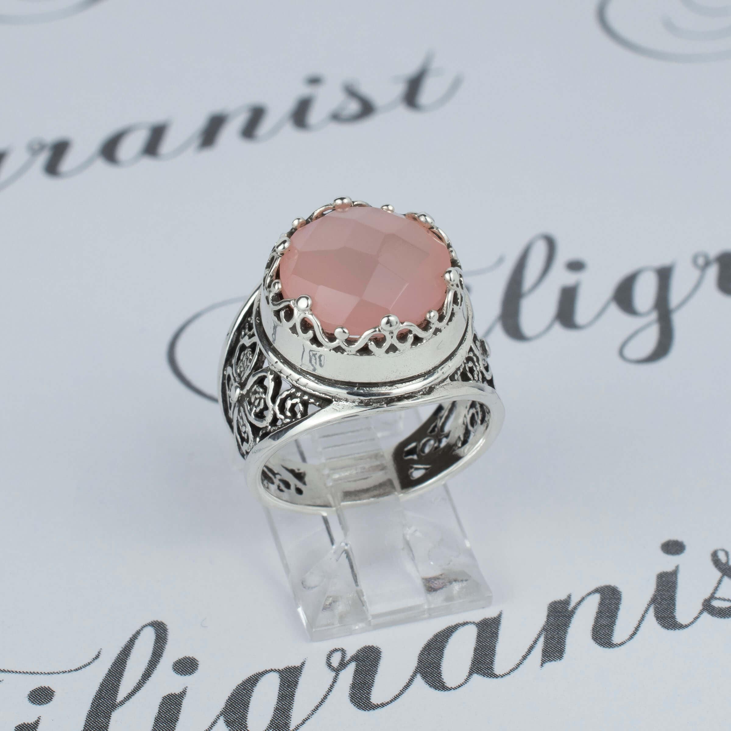 Pink Chalcedony Filigree Crown Ring - Sterling Silver Statement Jewelry - Jewelry & Watches - Bijou Her -  -  - 