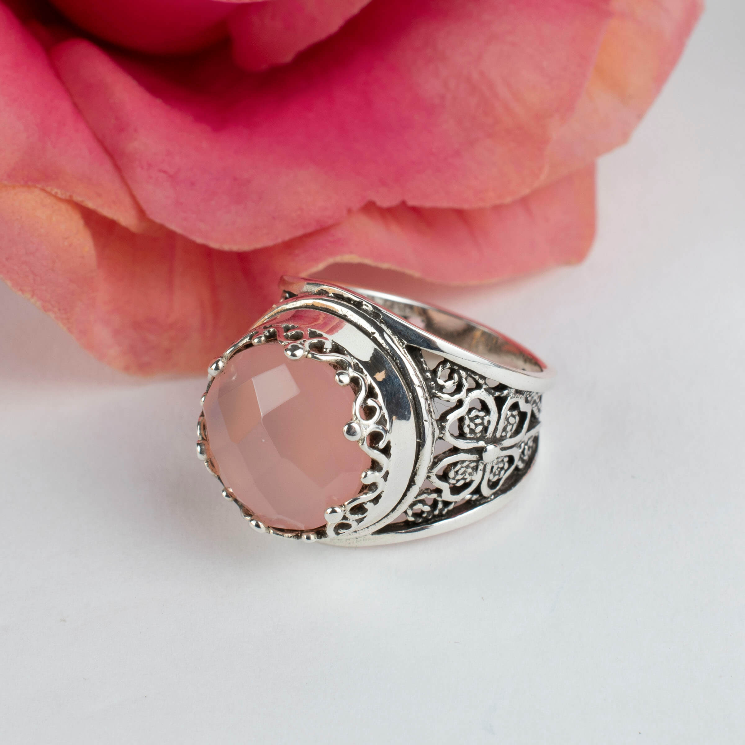 Pink Chalcedony Filigree Crown Ring - Sterling Silver Statement Jewelry - Jewelry & Watches - Bijou Her -  -  - 