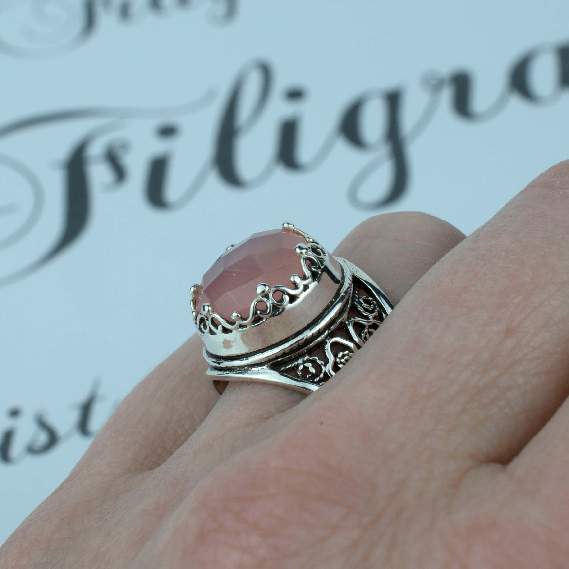 Pink Chalcedony Filigree Crown Ring - Sterling Silver Statement Jewelry - Jewelry & Watches - Bijou Her -  -  - 