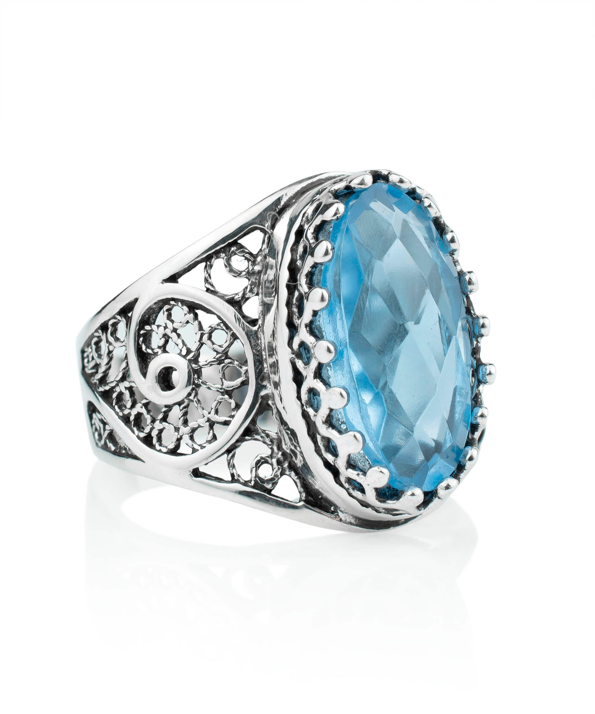 Silver Filigree Art Blue Topaz Cocktail Ring - Oval Gemstone Women's Jewelry - Jewelry & Watches - Bijou Her -  -  - 