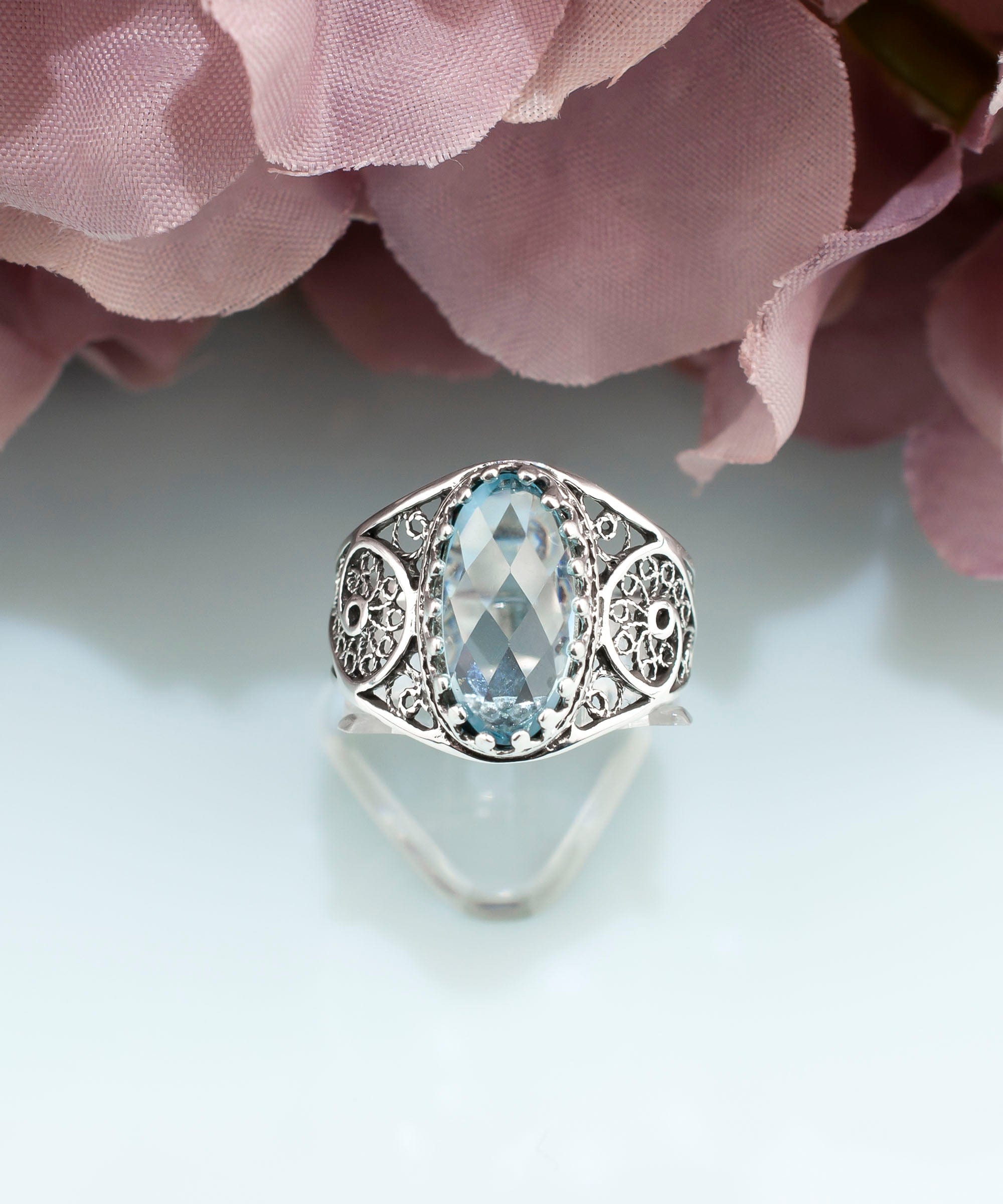 Silver Filigree Art Blue Topaz Cocktail Ring - Oval Gemstone Women's Jewelry - Jewelry & Watches - Bijou Her -  -  - 