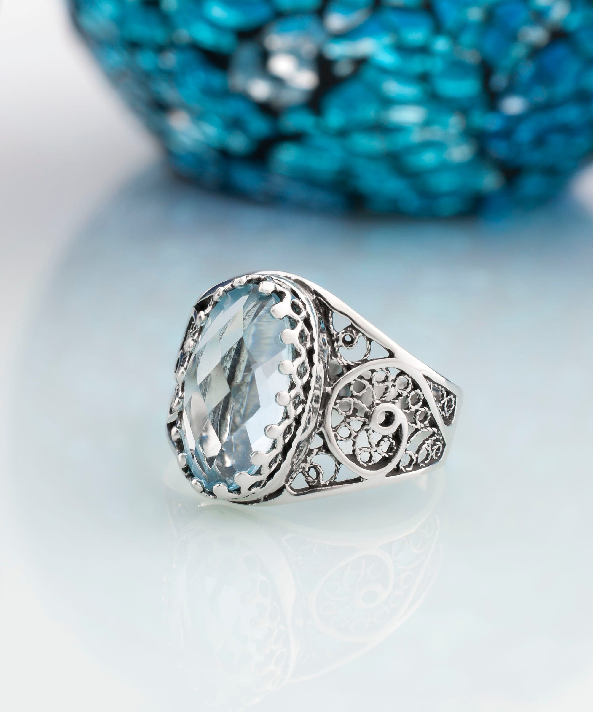 Silver Filigree Art Blue Topaz Cocktail Ring - Oval Gemstone Women's Jewelry - Jewelry & Watches - Bijou Her -  -  - 