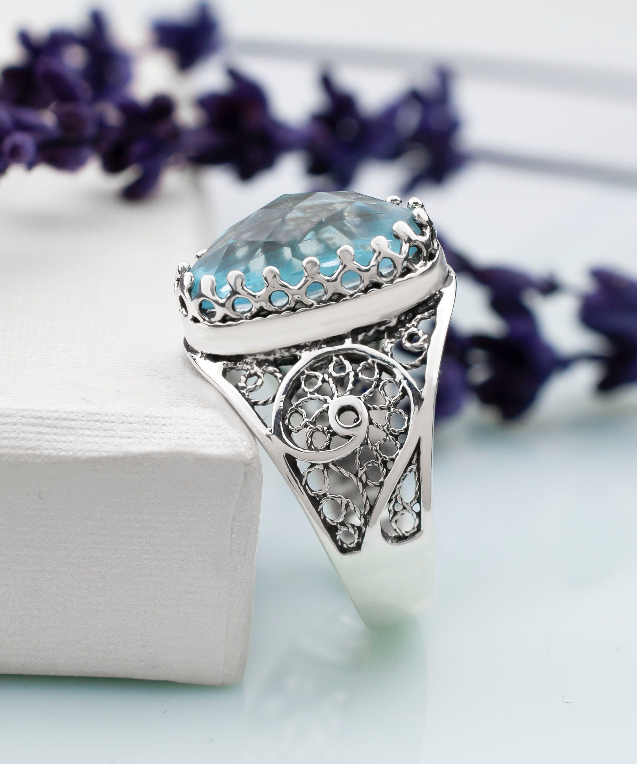 Silver Filigree Art Blue Topaz Cocktail Ring - Oval Gemstone Women's Jewelry - Jewelry & Watches - Bijou Her -  -  - 