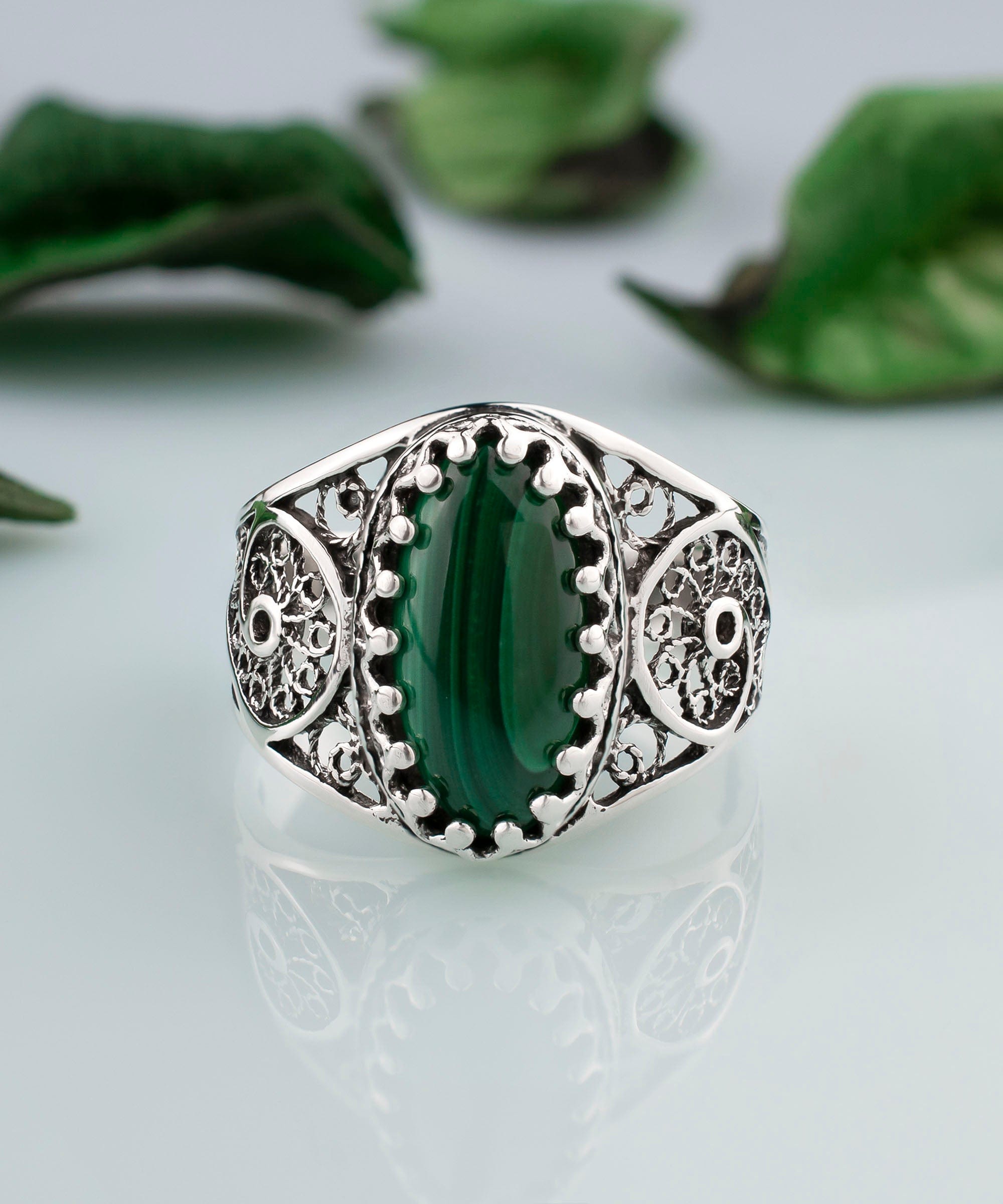 Oval Malachite Gemstone Filigree Cocktail Ring in Sterling Silver - Jewelry & Watches - Bijou Her -  -  - 