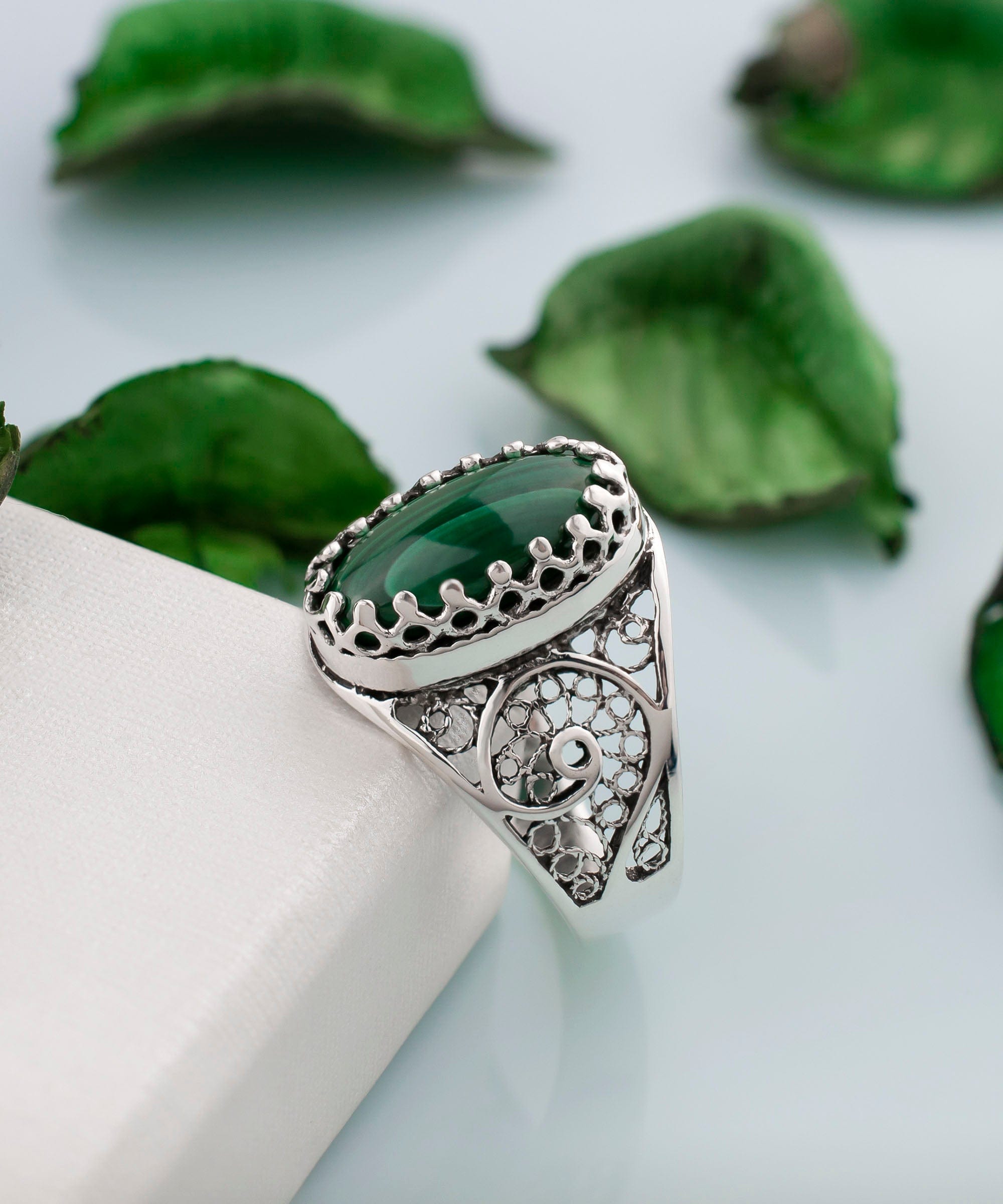 Oval Malachite Gemstone Filigree Cocktail Ring in Sterling Silver - Jewelry & Watches - Bijou Her -  -  - 