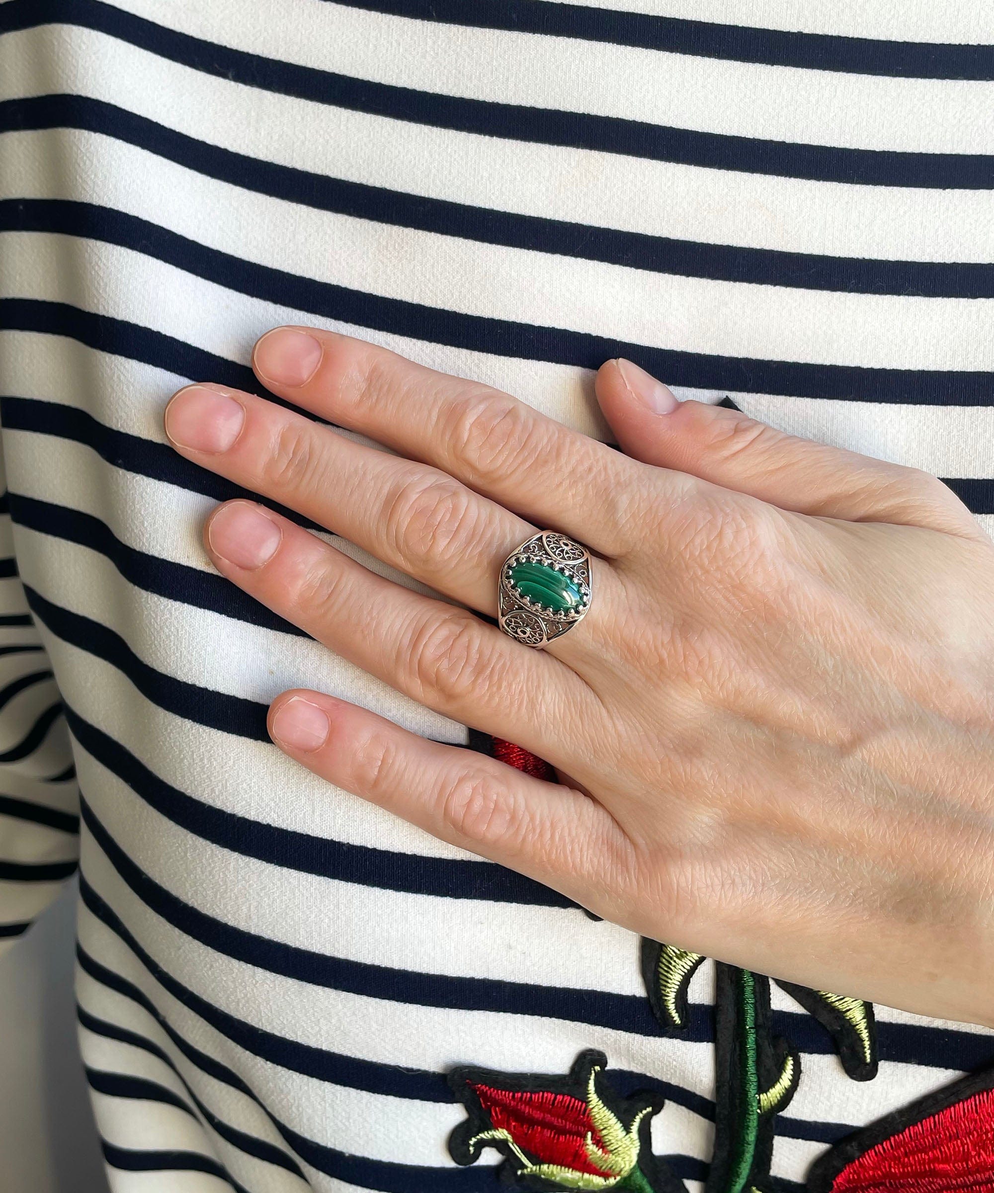 Oval Malachite Gemstone Filigree Cocktail Ring in Sterling Silver - Jewelry & Watches - Bijou Her -  -  - 