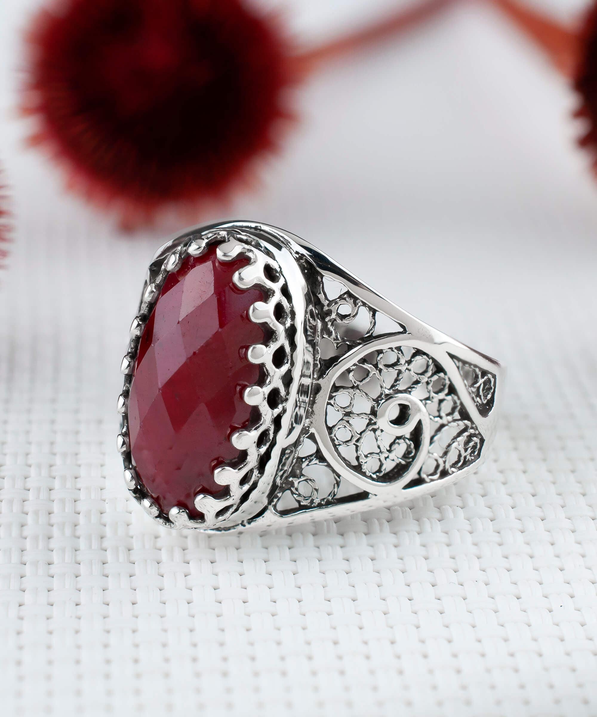Silver Filigree Art Ruby Corundum Oval Cocktail Ring - Natural Gemstone - Jewelry & Watches - Bijou Her -  -  - 