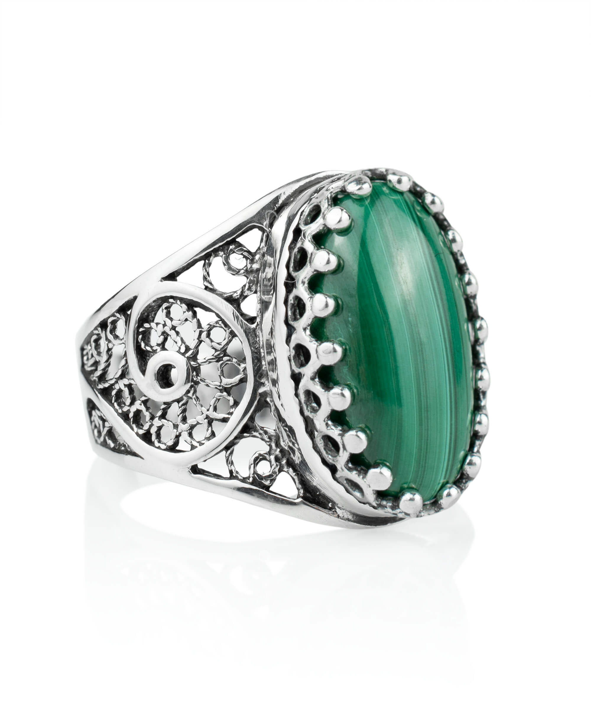 Oval Malachite Gemstone Filigree Cocktail Ring in Sterling Silver - Jewelry & Watches - Bijou Her -  -  - 