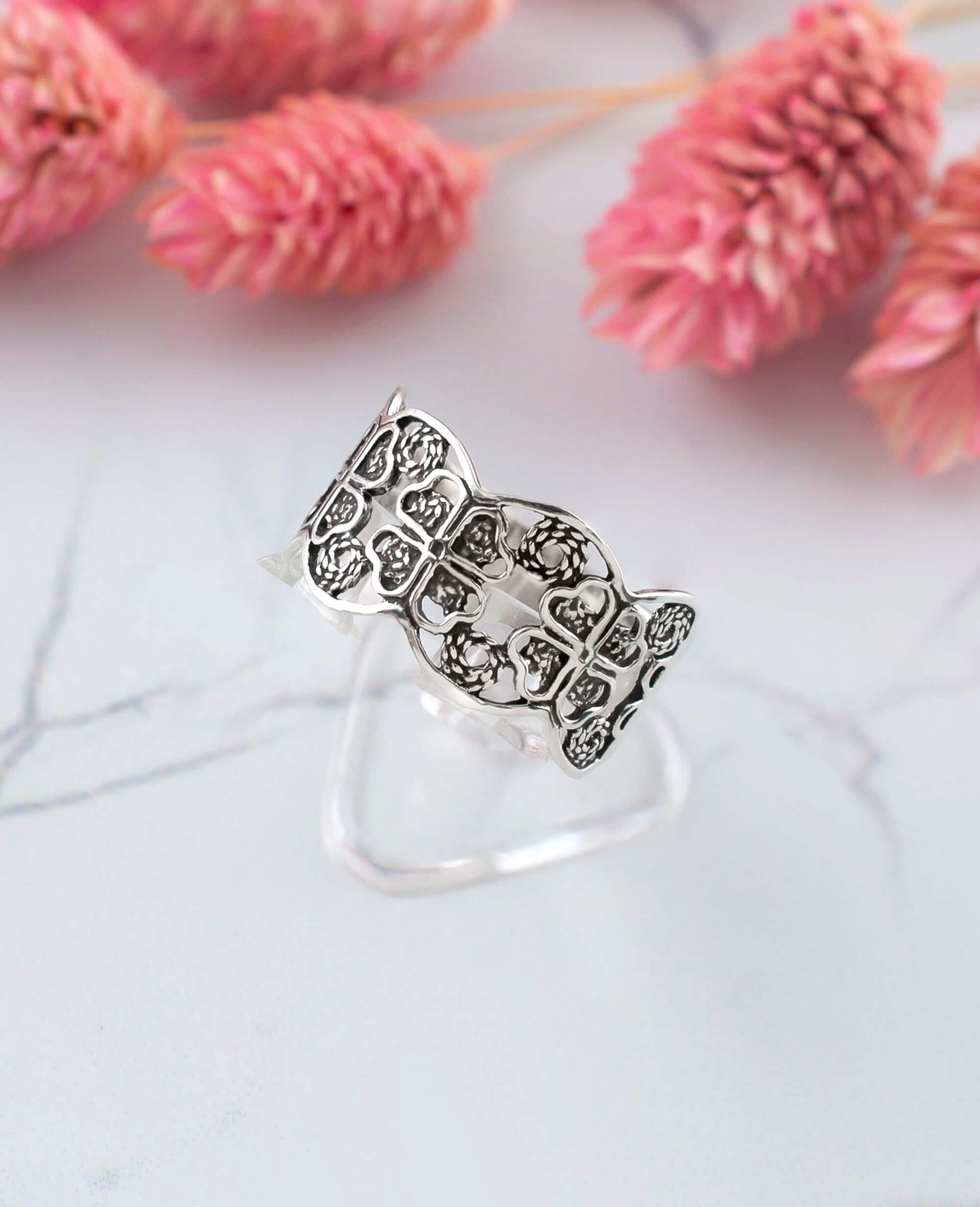 Silver Filigree Art Band Ring - 925 Sterling Silver, 0.39 Width, Mesopotamian-Inspired Design" - Jewelry & Watches - Bijou Her -  -  - 