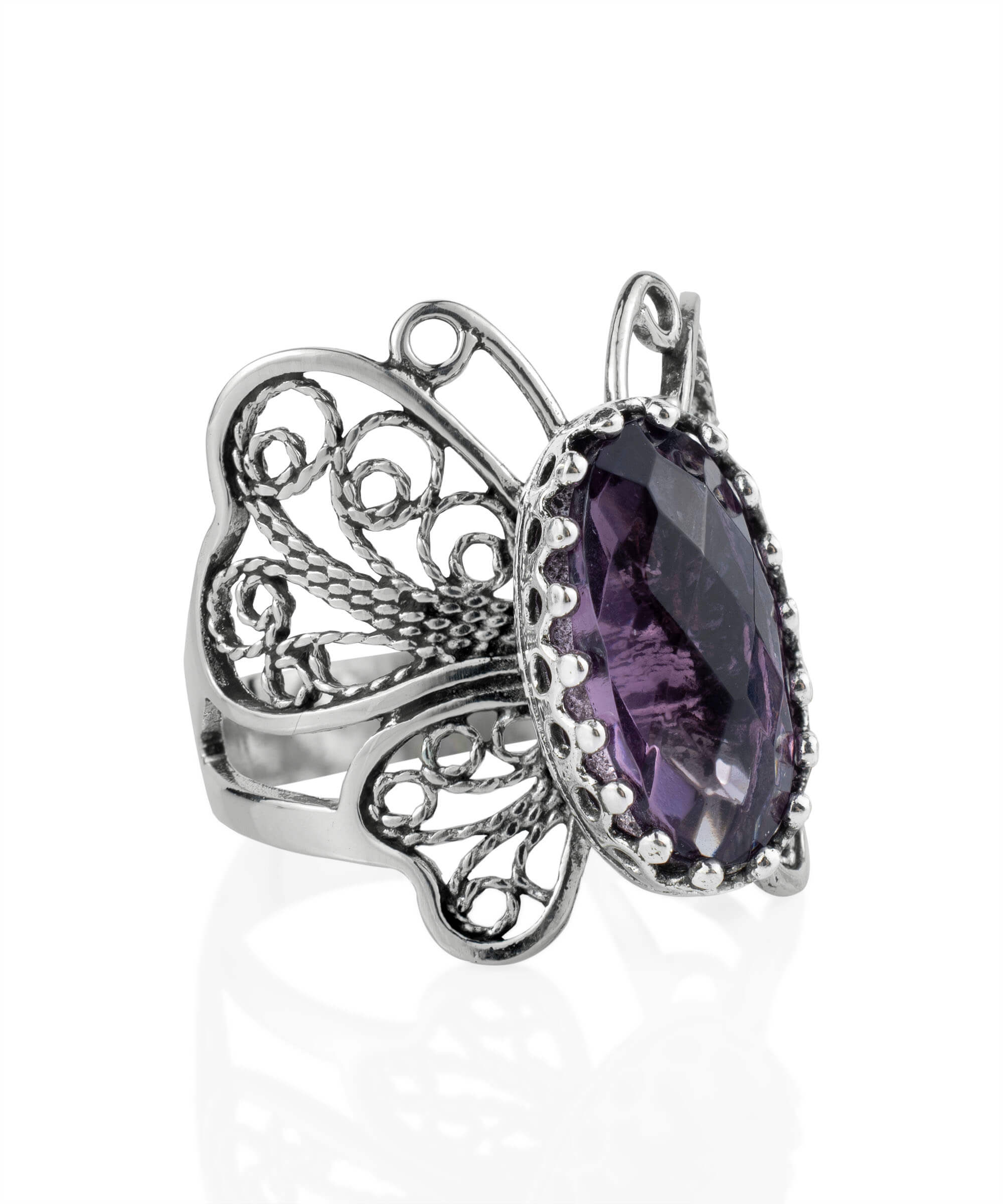 Sterling Silver Filigree Amethyst Butterfly Cocktail Ring - 0.80x0.70 inches Face Length and Width - Jewelry & Watches - Bijou Her -  -  - 