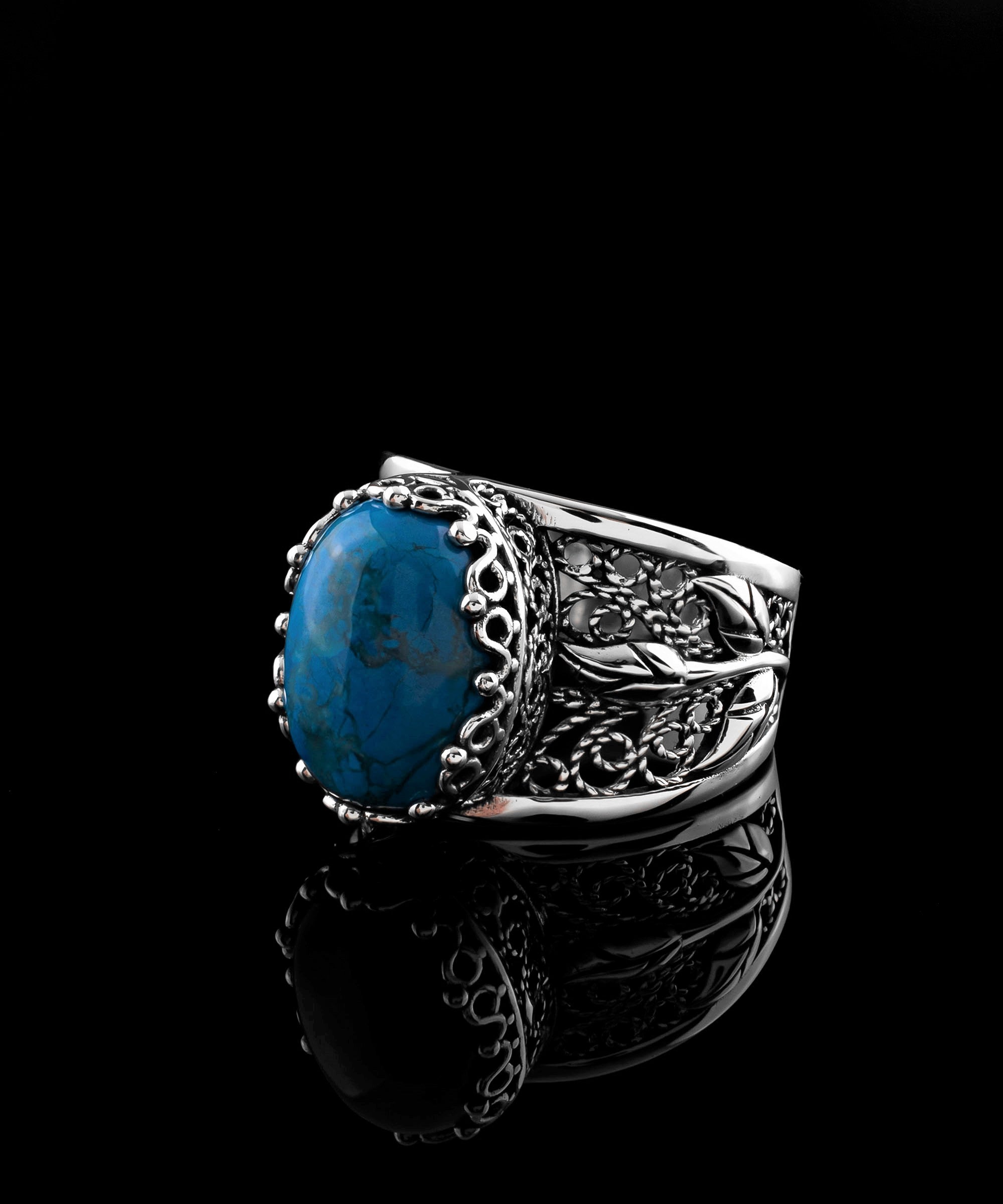 Turquoise Gemstone Filigree Silver Women's Cocktail Ring - Elegant Statement Jewelry - Jewelry & Watches - Bijou Her -  -  - 