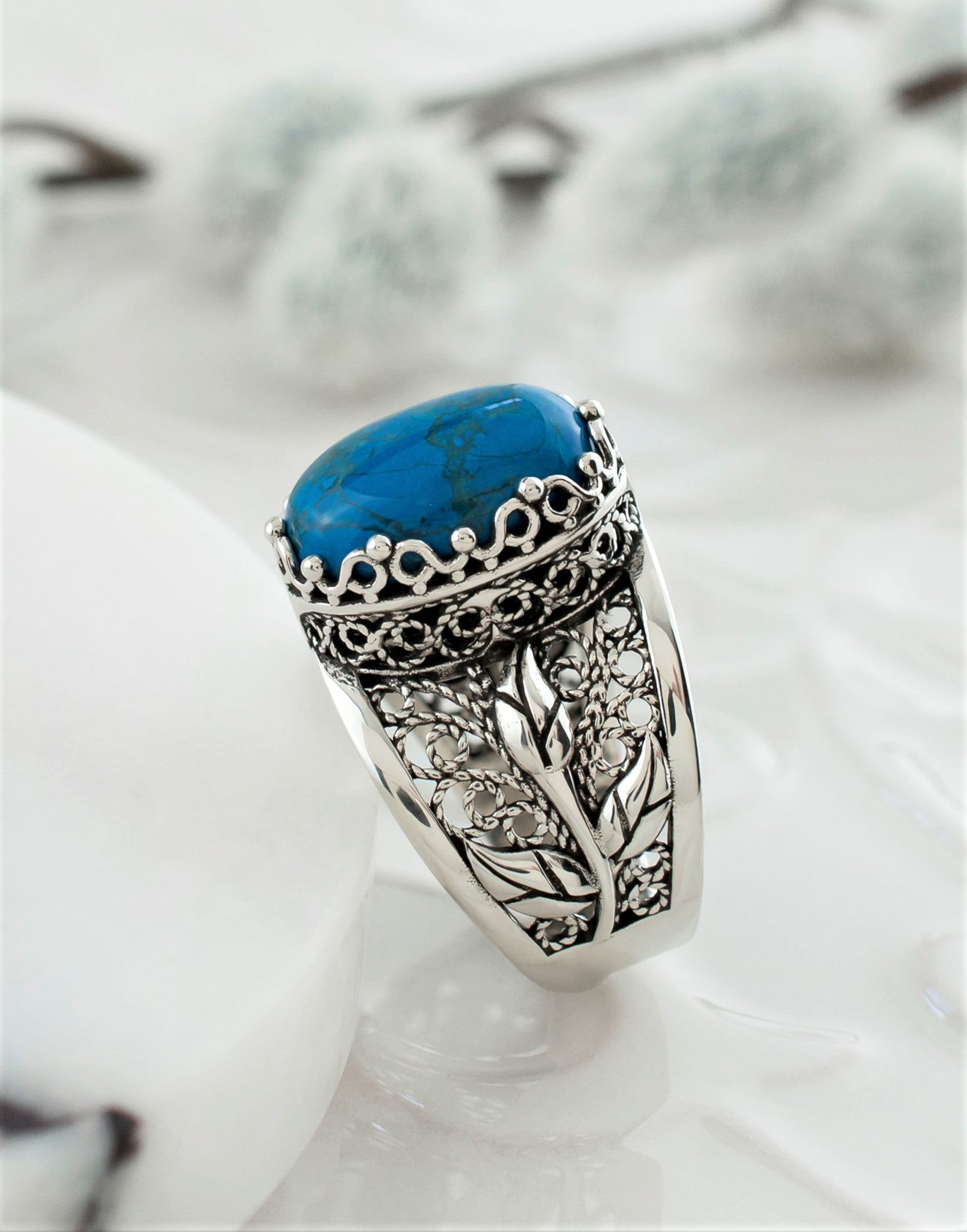 Turquoise Gemstone Filigree Silver Women's Cocktail Ring - Elegant Statement Jewelry - Jewelry & Watches - Bijou Her -  -  - 