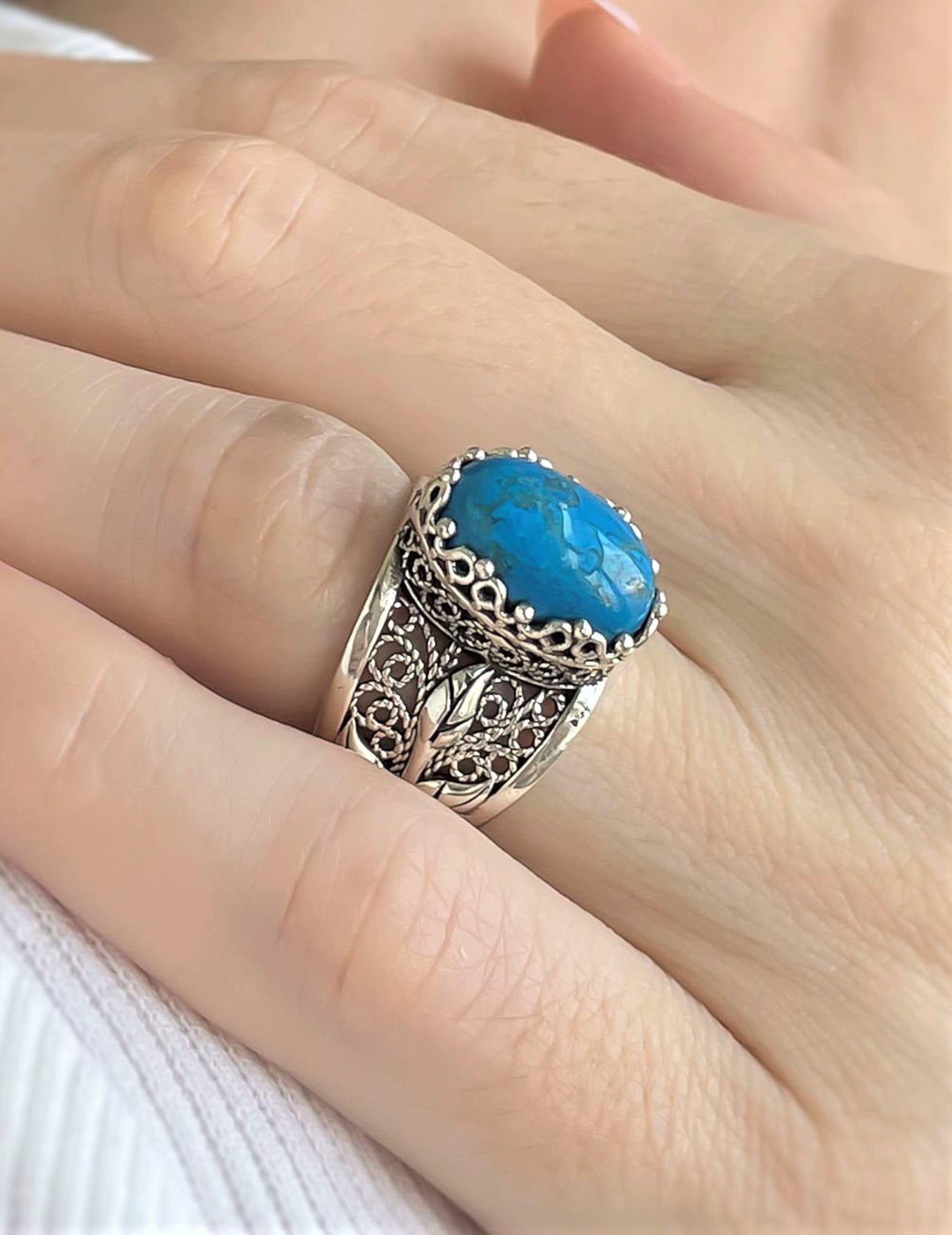 Turquoise Gemstone Filigree Silver Women's Cocktail Ring - Elegant Statement Jewelry - Jewelry & Watches - Bijou Her -  -  - 