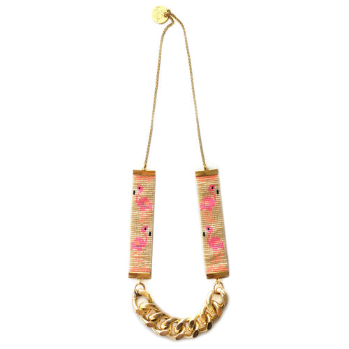 Tropical Flamingo Necklace - Handwoven with Gold Plated Chain
Keywords: Flamingo, Necklace, Summer Jewelry, Tropical Necklace, Handwoven, Gold Plated Chain - Necklaces - Bijou Her -  -  - 