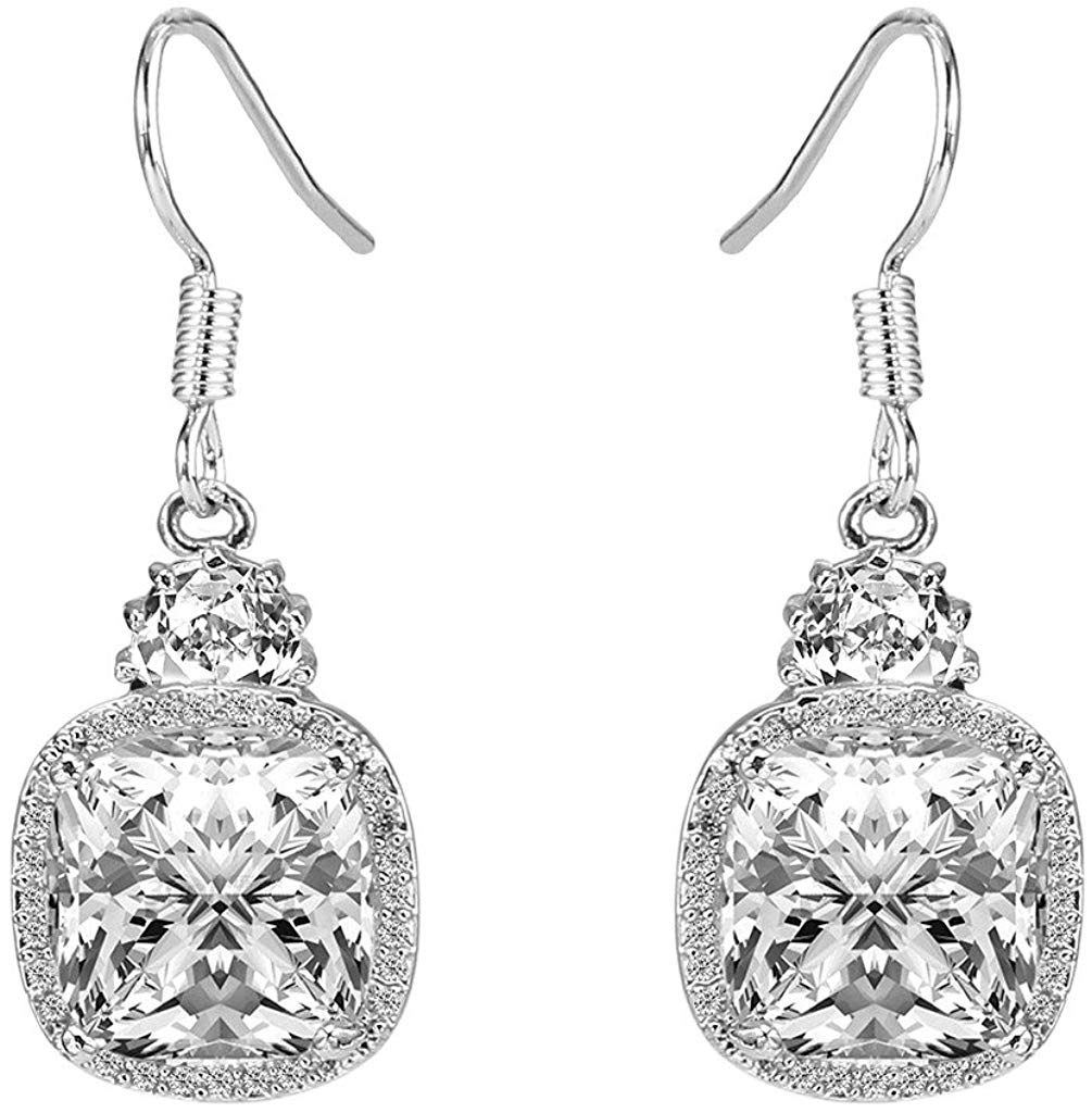 Rhodium Plated Cushion Cut Drop Earrings with Clear Cubic Zirconia Stones - Hypoallergenic and Comfort Fit Jewelry for April Birthdays - Jewelry & Watches - Bijou Her -  -  - 