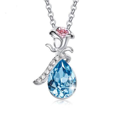 Teardrop Pear Cut Pav'e Floral Necklace in 14K White Gold Plating with Blue Elements Stone Pendant - Jewelry & Watches - Bijou Her -  -  - 