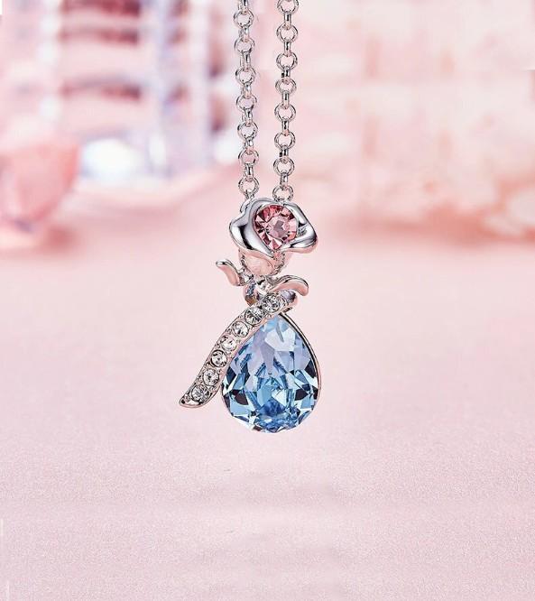 Teardrop Pear Cut Pav'e Floral Necklace in 14K White Gold Plating with Blue Elements Stone Pendant - Jewelry & Watches - Bijou Her -  -  - 