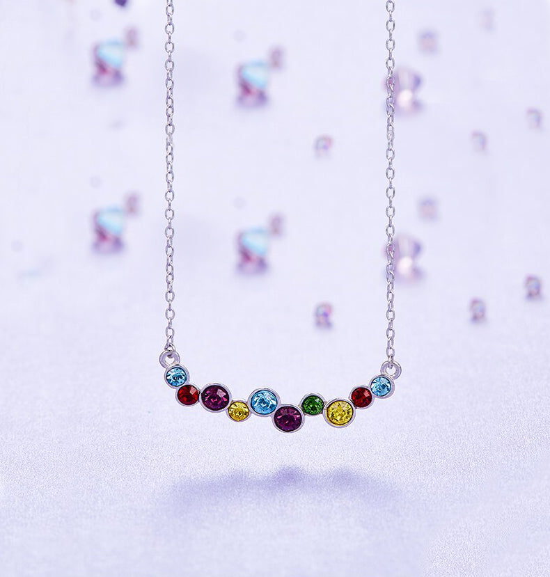 Rainbow Elements Bubble Necklace in 14K White Gold Plating - Multi-Color Stones, Link Chain, Lobster Clasp, 18" + 2" Extender - Jewelry & Watches - Bijou Her -  -  - 